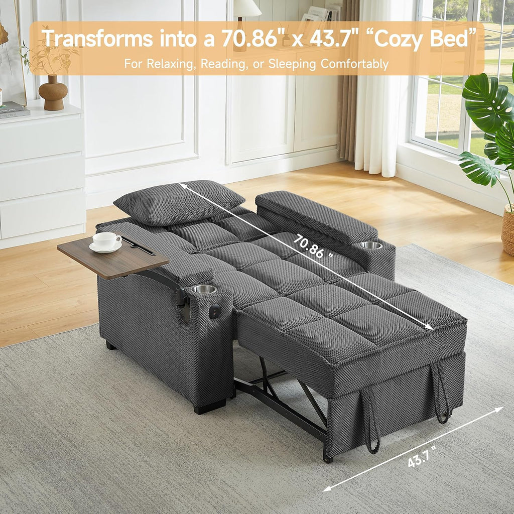 Auvsoce 3-in-1 Folding Convertible Sofa Bed Set of 2, Sleep Couch with Modern Chenille Fabric, 360° Swivel Side Table, Easy Assembly, Perfect for Living Room & Home Theater