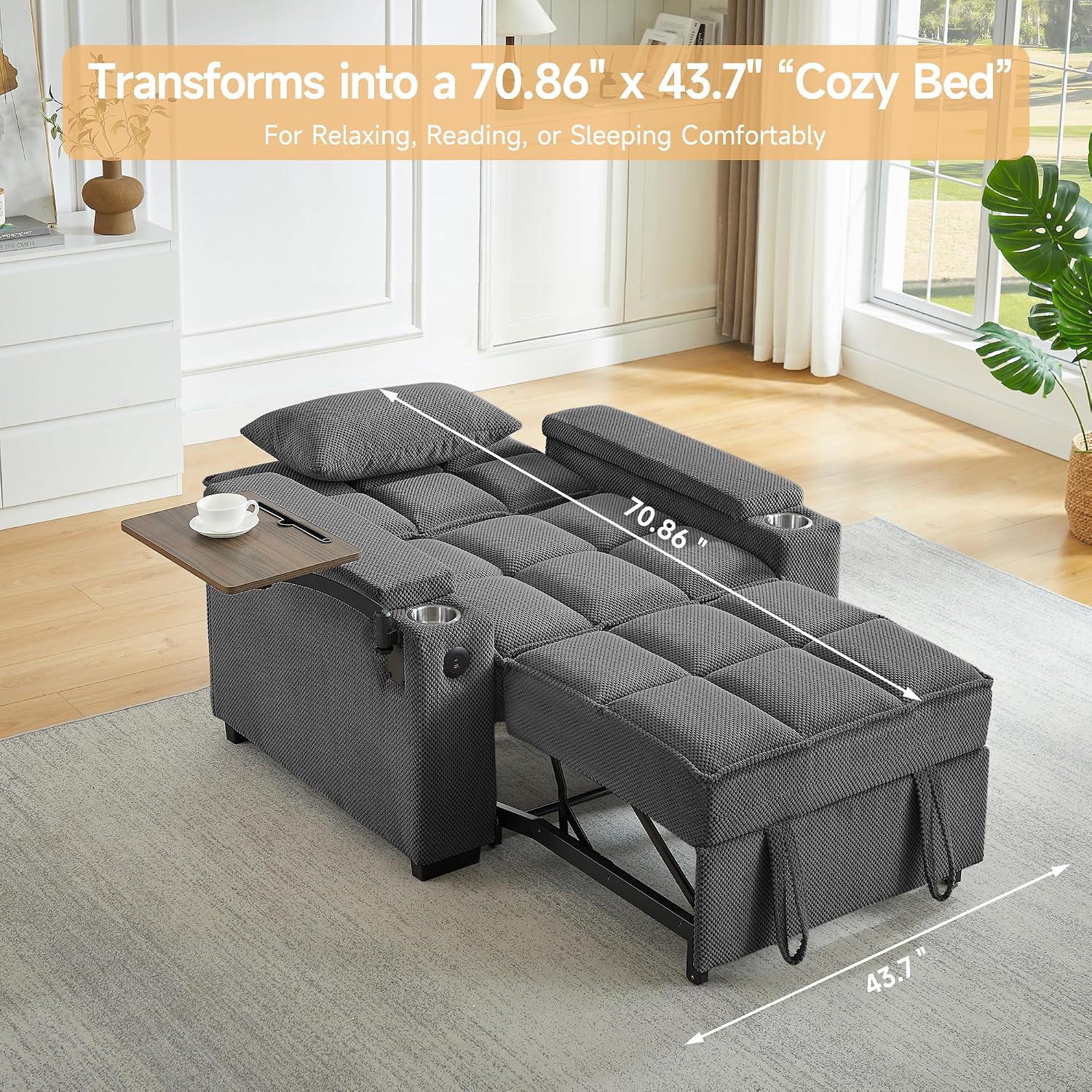 Auvsoce 3-in-1 Folding Convertible Sofa Bed Set of 2, Sleep Couch with Modern Chenille Fabric, 360° Swivel Side Table, Easy Assembly, Perfect for Living Room & Home Theater