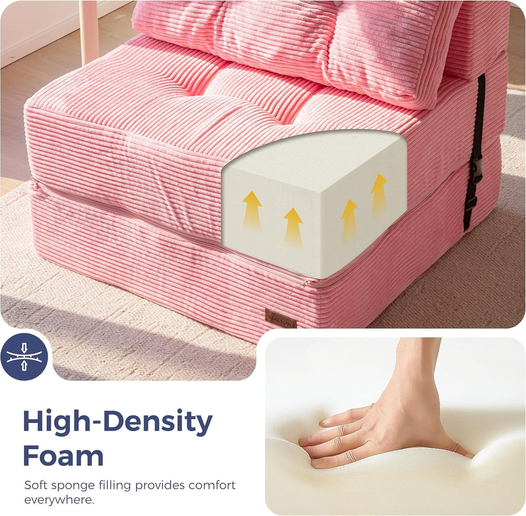 MAXYOYO Folding Sofa Bed, Convertible Sofa Bed with High-Density Support Foam, Portable 4 in 1 Fold Out Chair to Floor Lounger, Versatile Floor Couch for Living Room Bedroom, Pink