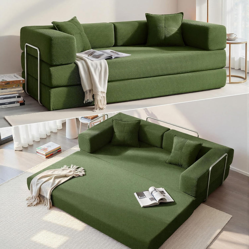 YINIX Foldable Sofa Bed, 78'' Folding Floor Couch, Compressed Convertable Sleeper Sofa, Memory Foam Couch with Pillow Back Support Armrest, 4-in-1 Futon Sofa Bed for Living Room, Green