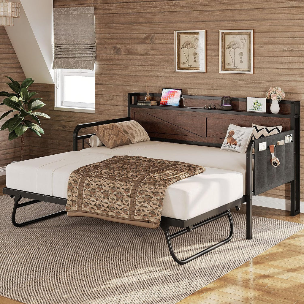 LIKIMIO Twin Daybed, Day Beds with Pop Up Trundle, Storage Headboard with Charging Station, Strong Supports for Apartment and Other Small Space, Dark Brown