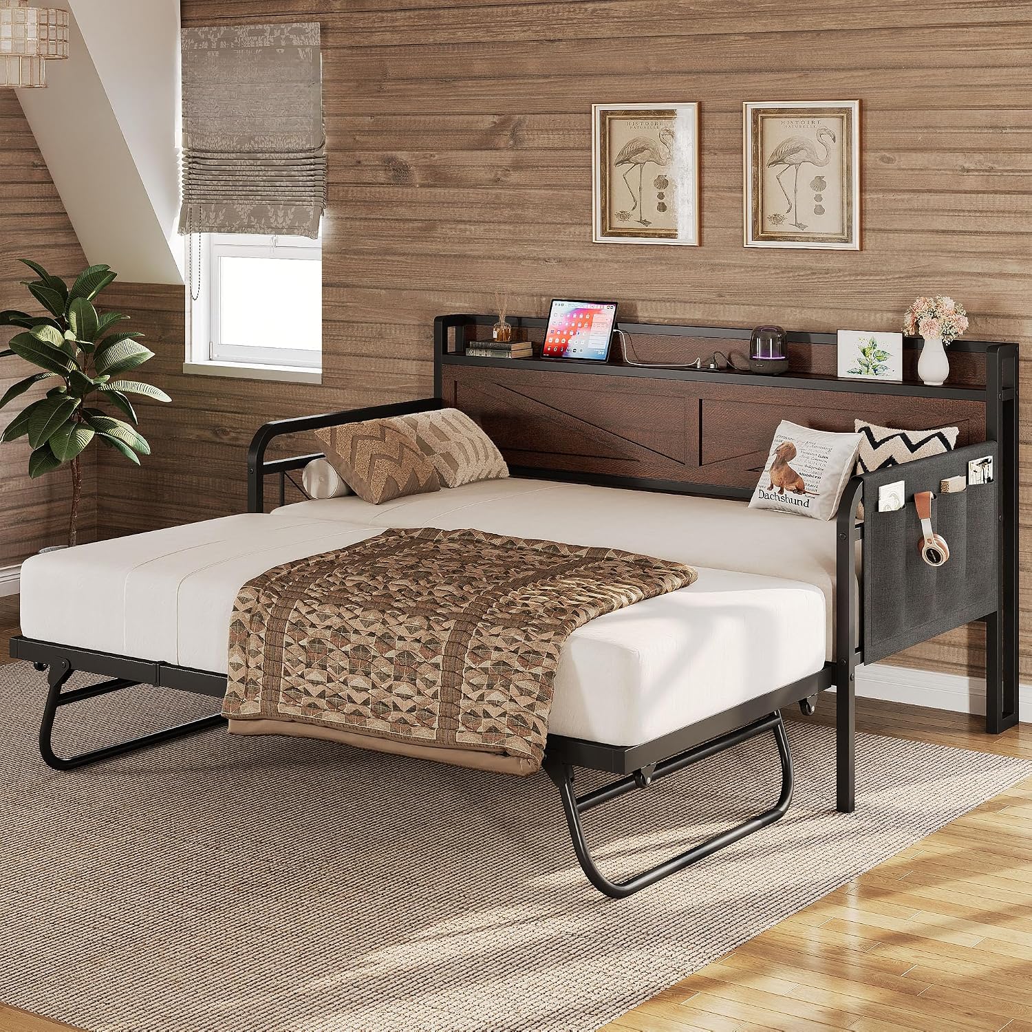 LIKIMIO Twin Daybed, Day Beds with Pop Up Trundle, Storage Headboard with Charging Station, Strong Supports for Apartment and Other Small Space, Dark Brown