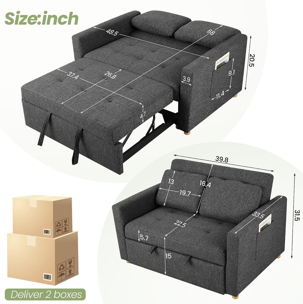 SEJOV Sleeper Sofa, 3-in-1 Convertible Pull Out Couch Bed Futon Sofa, Linen Fabric Loveseat with 2 Pillows and Adjustable Backrest, Chaise Lounge for Small Spaces Apartment Dorm, Office, Black