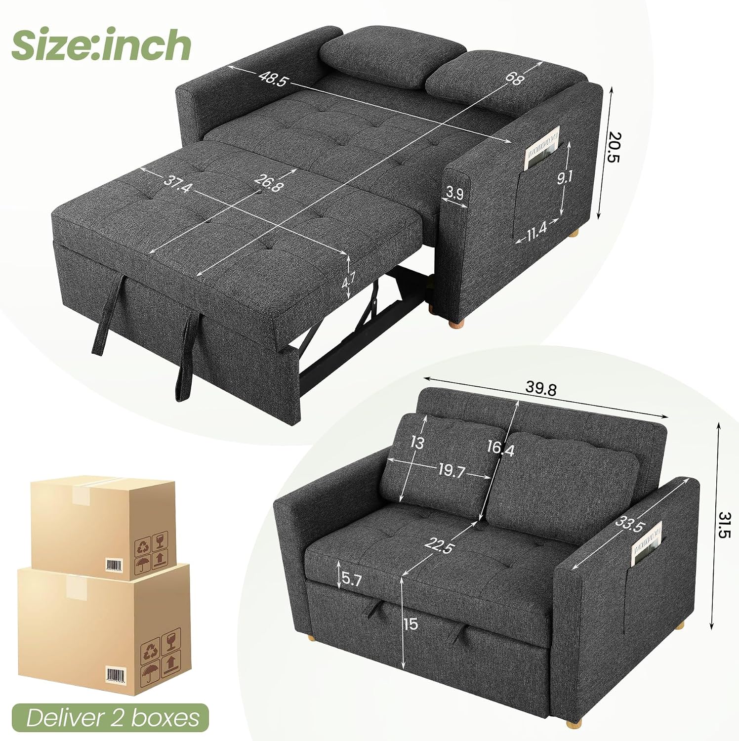 SEJOV Sleeper Sofa, 3-in-1 Convertible Pull Out Couch Bed Futon Sofa, Linen Fabric Loveseat with 2 Pillows and Adjustable Backrest, Chaise Lounge for Small Spaces Apartment Dorm, Office, Black