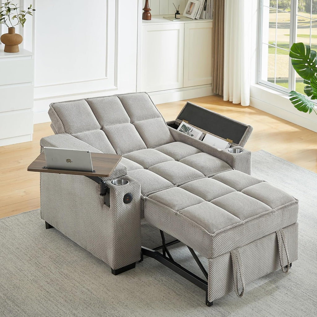 oaaktu Large Size Convertible Sleeper Chair Futon Sofa Bed, Comfortable Thick Cushion Single Sleeper Sofa Handheld Storage and Adjustable Backrest | Reading Chair with Rotating Small Table (Khaki)
