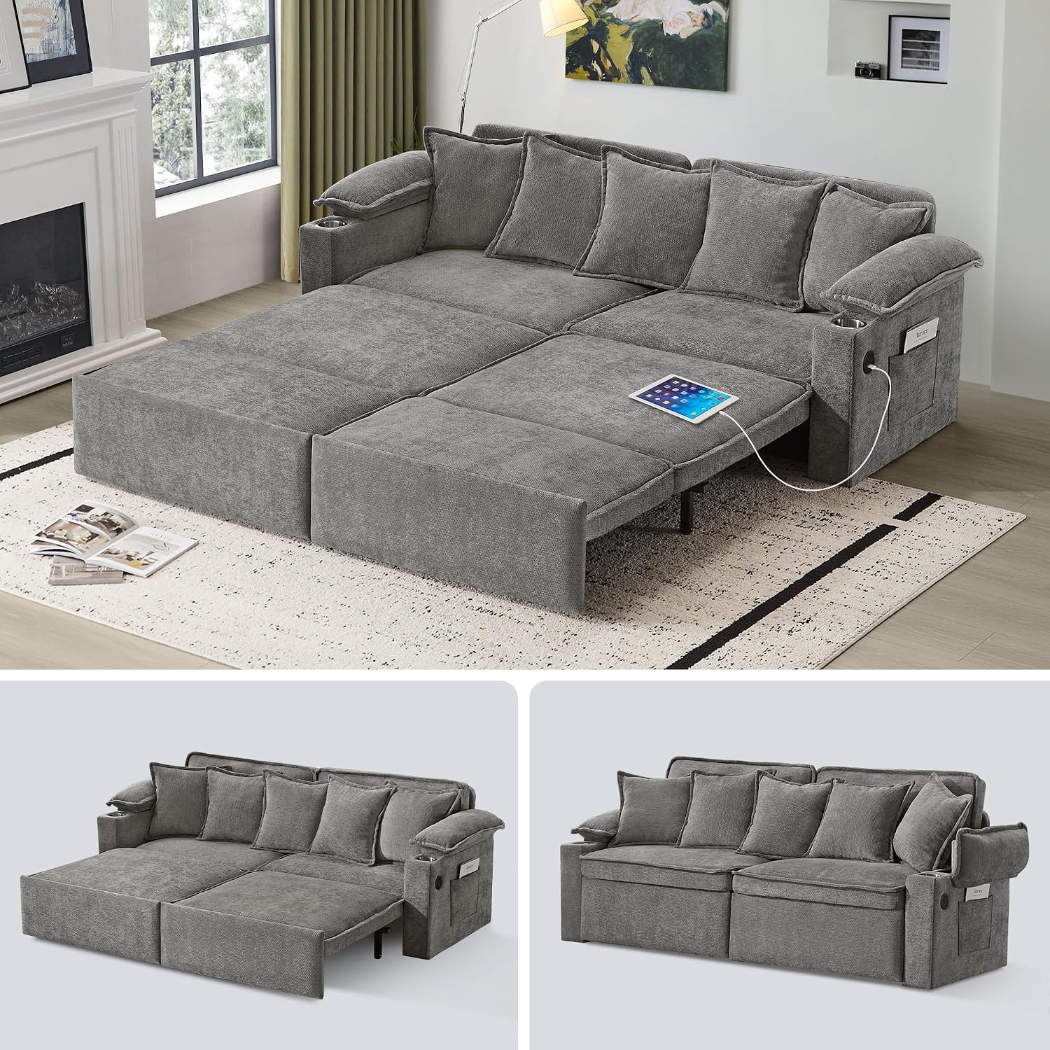 83' King Size Pull Out Sofa Bed, 4-in-1 Convertible Sleeper Sofa Bed with USB Ports, Cup Holders, Side Pockets, Corduroy Oversized Loveseat Chaise Lounge for Living Room, Small Space (Light Gray)