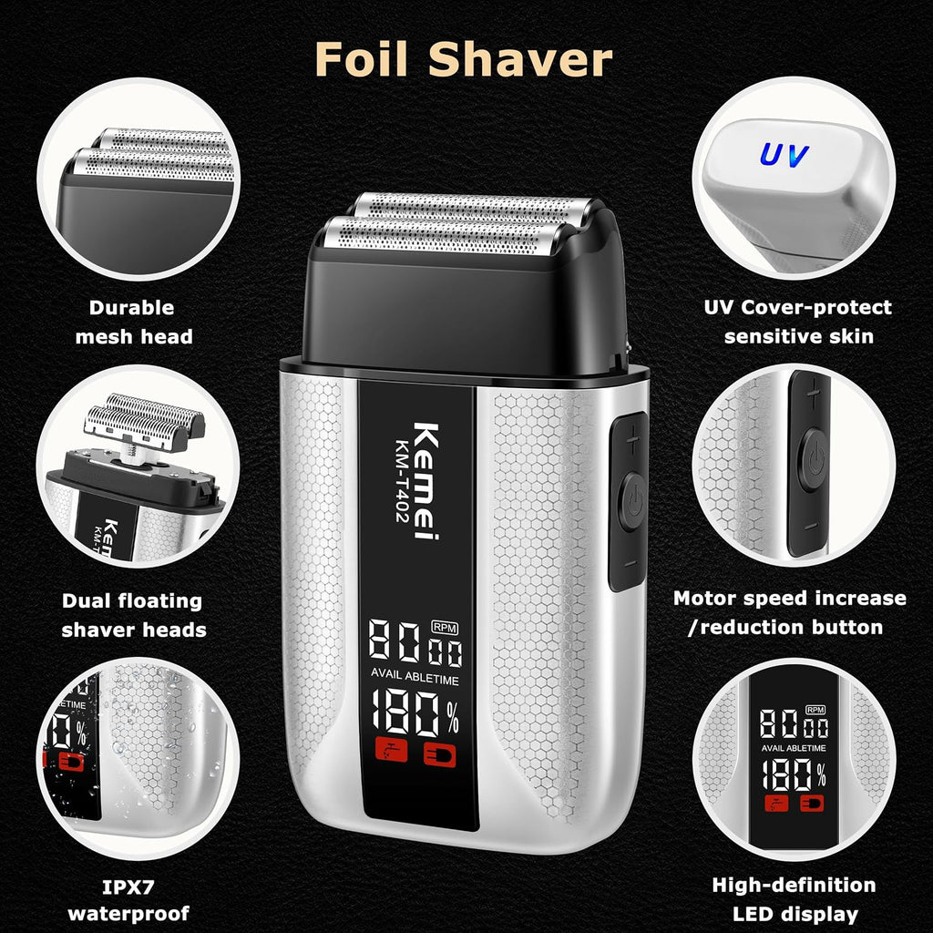 KEMEI Hair Clippers for Men with Full Metal Body, Rechargeable Barber Clippers and Trimmers Set with LED Display, Electric Foil Shavers with UV Cover, KM 3023-702, KM 1798, KM T402