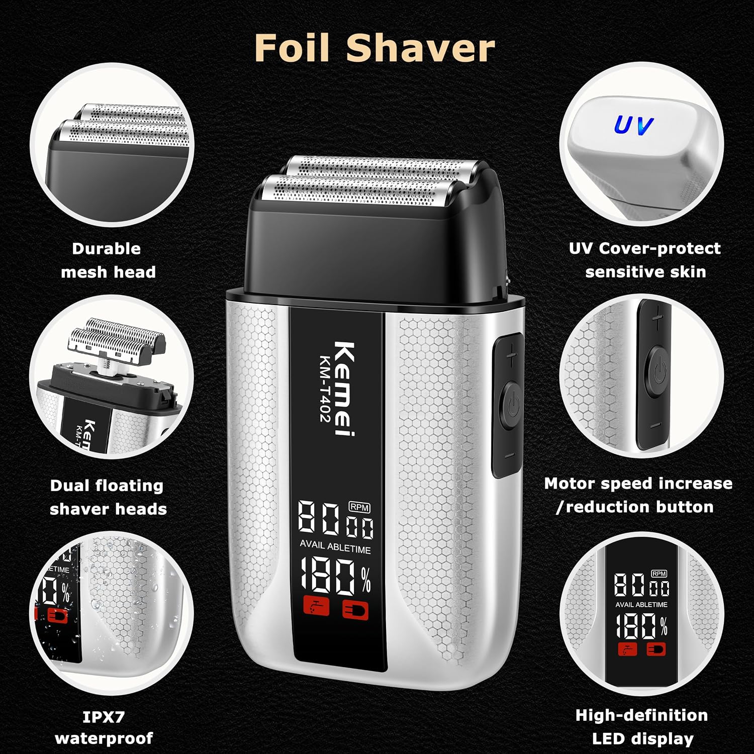 KEMEI Hair Clippers for Men with Full Metal Body, Rechargeable Barber Clippers and Trimmers Set with LED Display, Electric Foil Shavers with UV Cover, KM 3023-702, KM 1798, KM T402