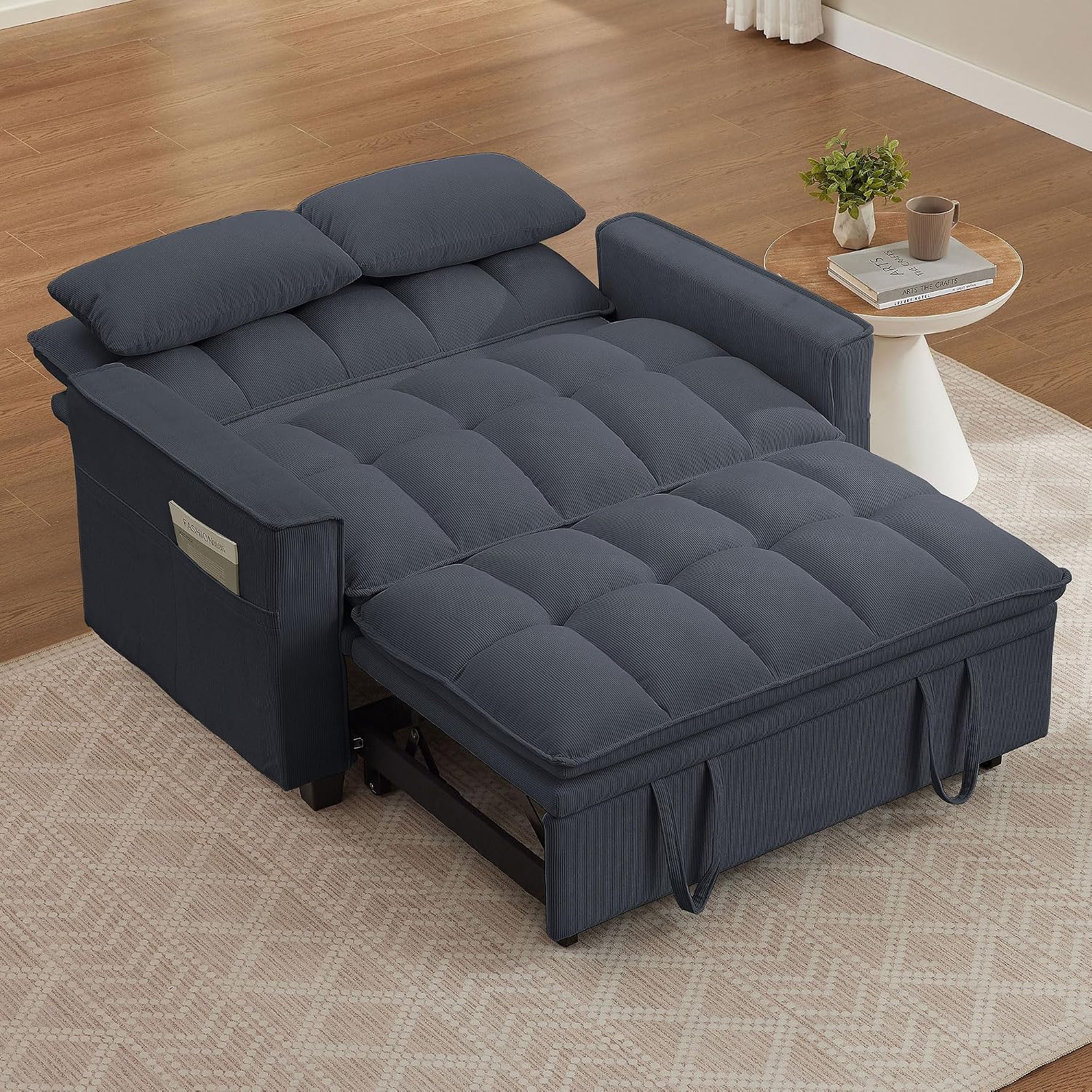 Sleeper Sofa with Pull Out Couch Bed, 48' Convertible Pull-Out Sofa Bed Chair, 3-in-1 Futon Couch with Reclining Backrest and Side Pockets for Living Room Bedroom Apartment, Dark Grey