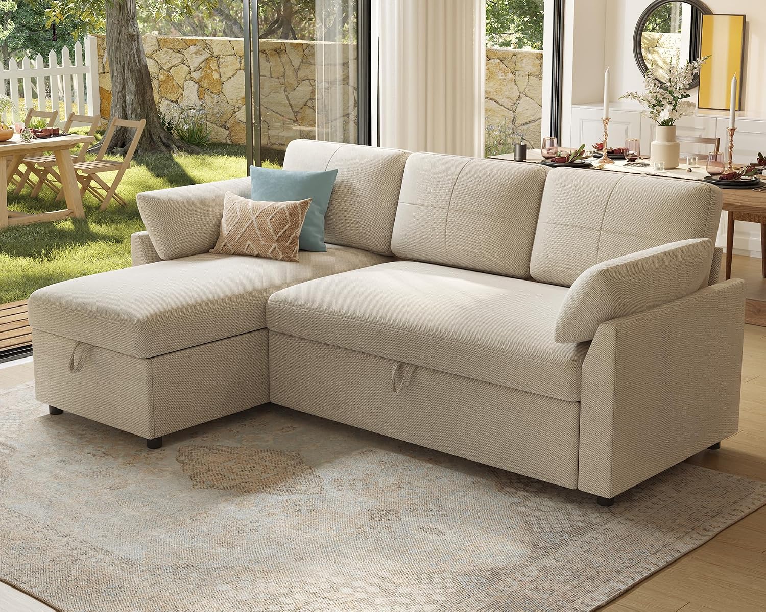 PaPaJet Sofa Bed, Sleeper Sofa with Storage Chaise, L Shaped Sofa with Pull Out Bed, Oversized Sofas for Living Room, Beige