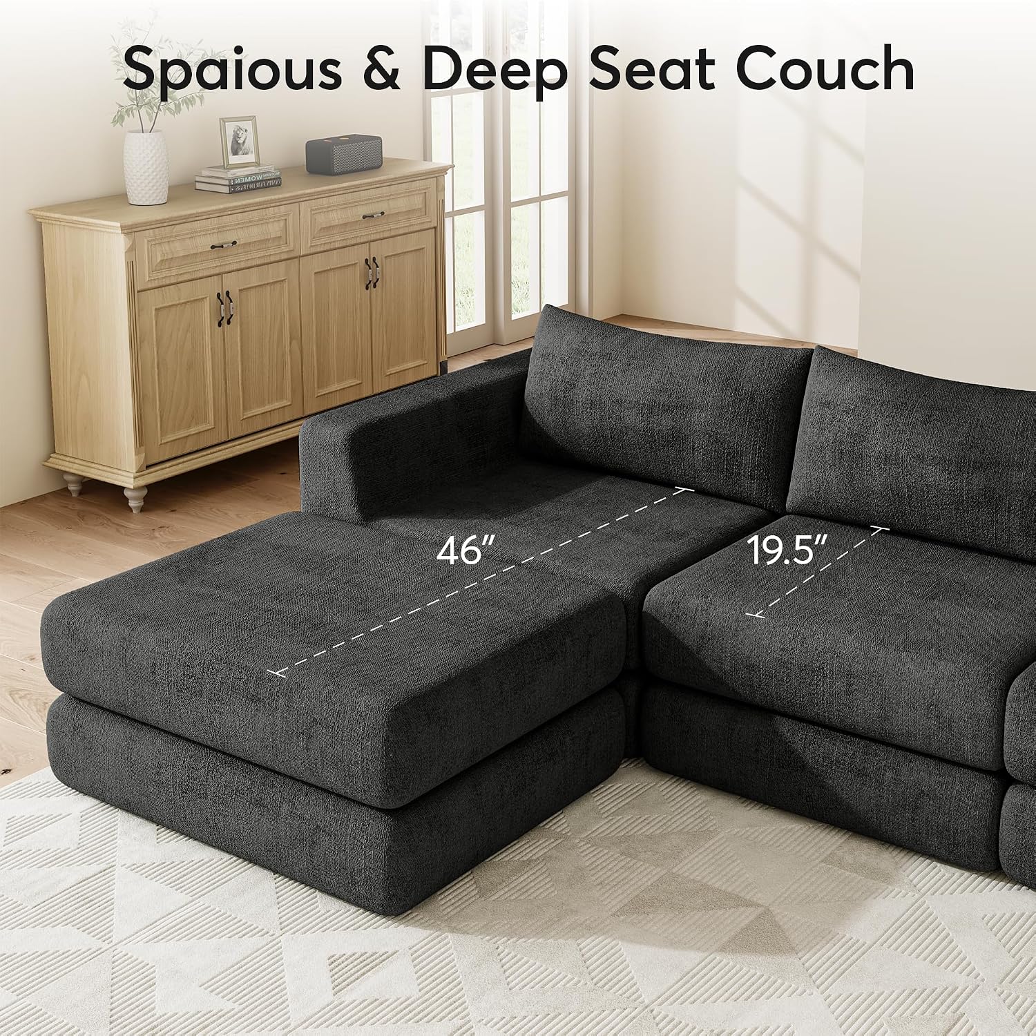 Chenille Modular Floor Sofa Bed, L Shaped Convertible Sleeper Couch with Memory Foam Cushions, Low Profile Sectional Sofa for Living Room, Apartment, Guest Room,Dark Grey