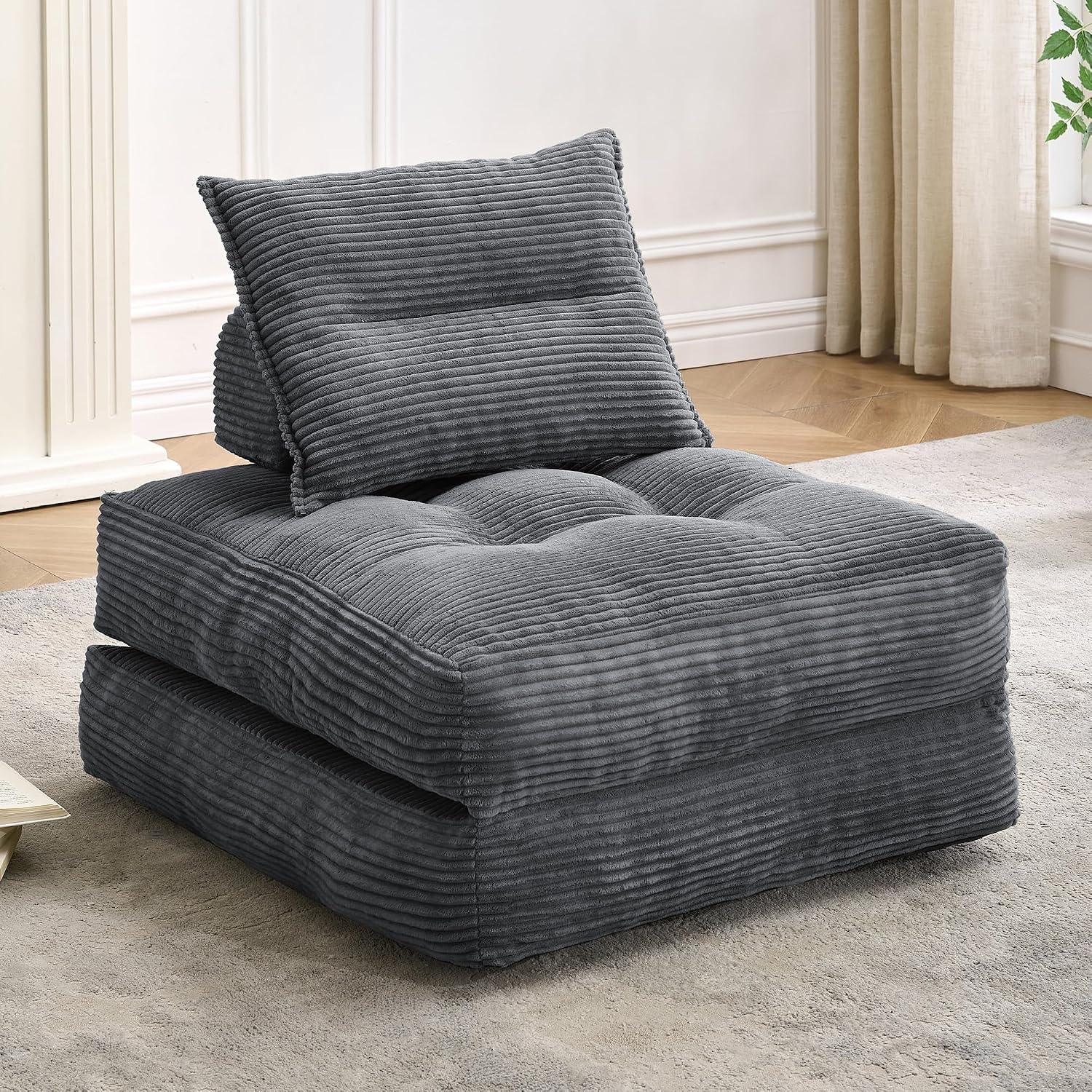 MONVANE Folding Sofa Bed, Fold Out Chair Bed with Pillow, Convertible Sleeper Chair for Living Room/Small Spaces, Foldable Lazy Sofa Bed Floor Chair, Comfy Corduroy Couch Bed, Dark Grey