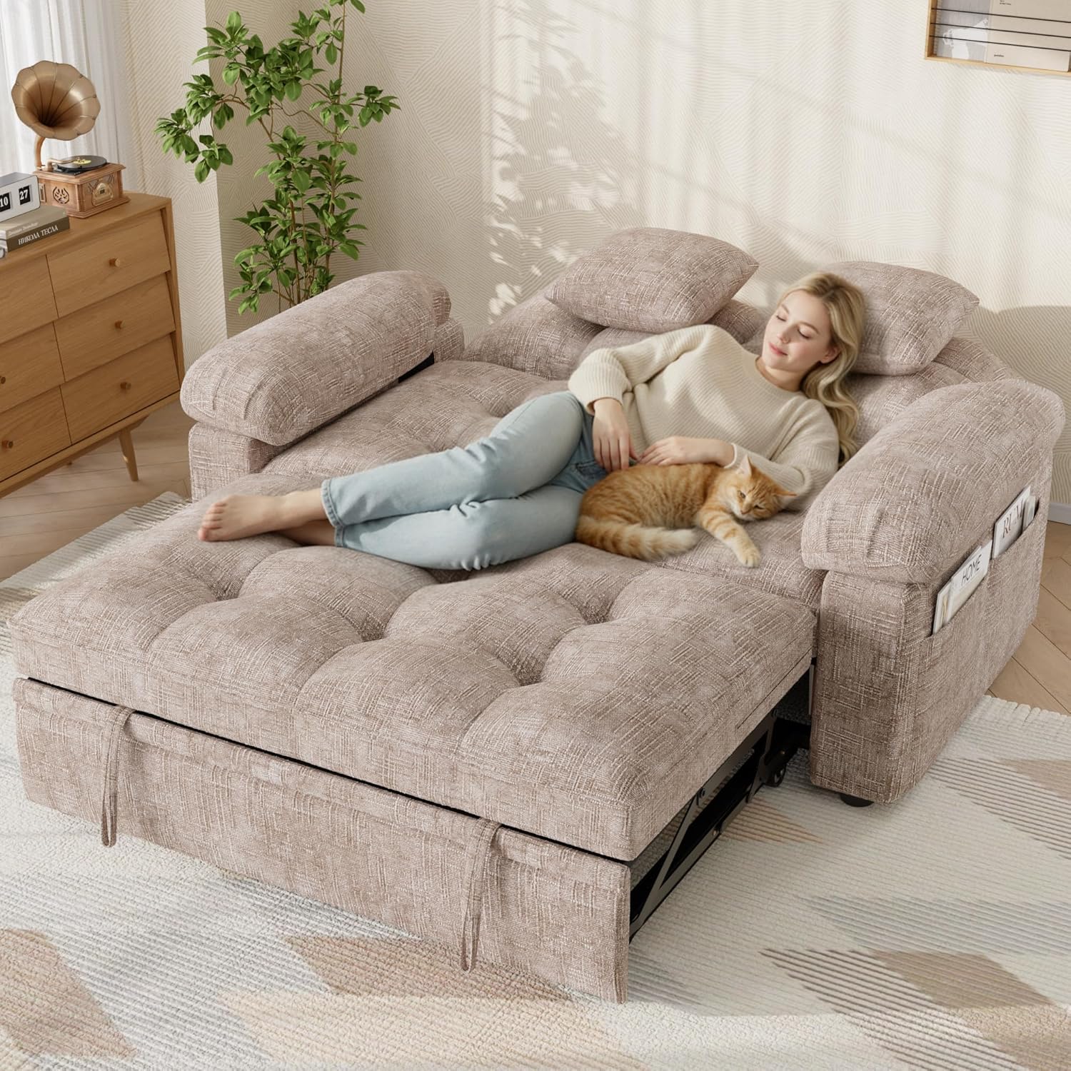 Keyluv 59' Loveseat Sleeper Sofa with USB Ports & Side Pockets, 3 in 1 Convertible Sofa Bed for Living Room/RVs/Camper, Pull Out Couch with Adjustable Backrest, Chenille Khaki
