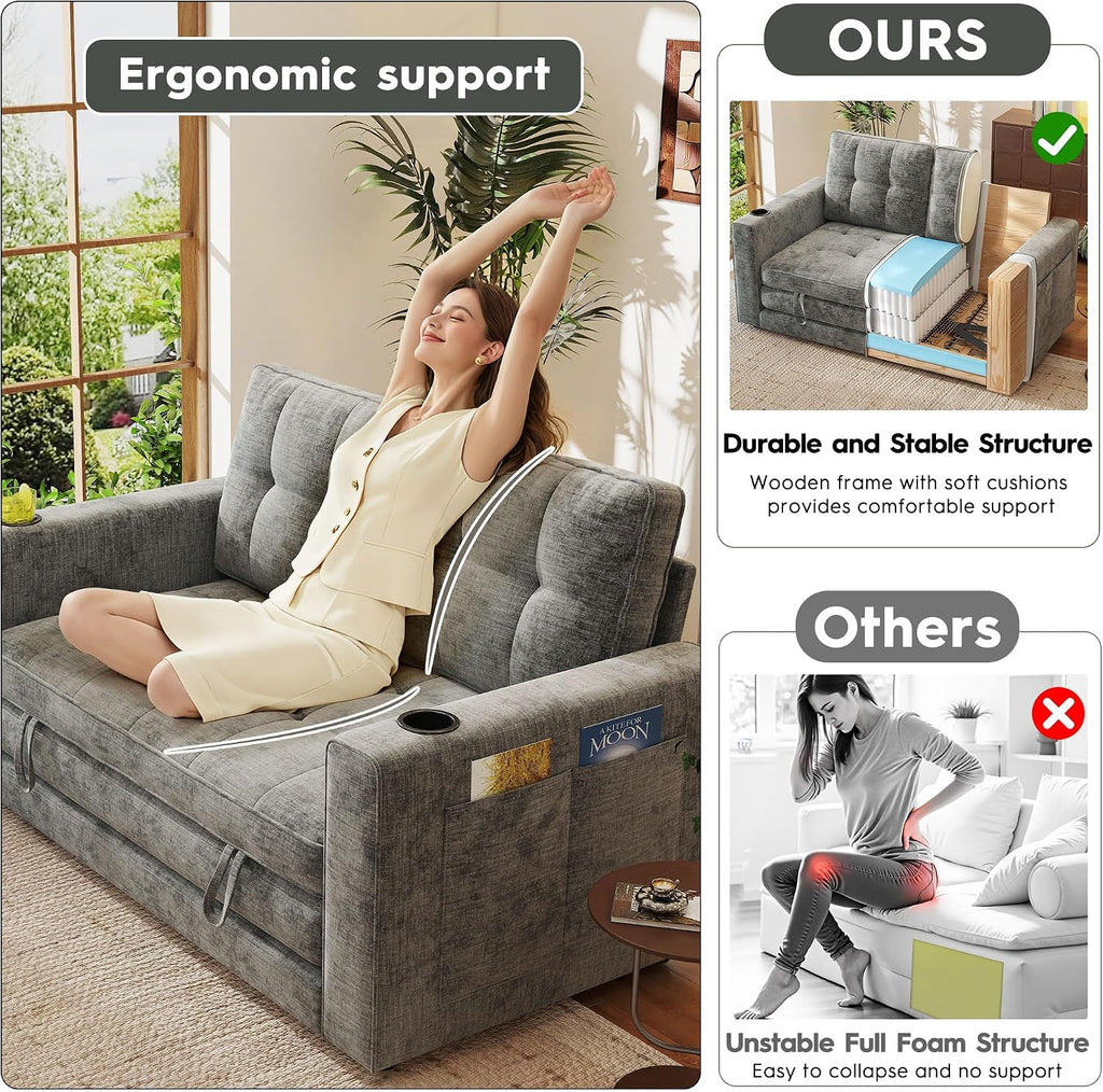 55' Convertible Folding Sofa Bed, Pull Out Couch Love Seat Sleeper Bed, Small Fold Out Loveseat sleeper with Cup Holder and Pillow for Small Space, Bedroom Lounge, Dorm, Living Room(Grey Chenille)