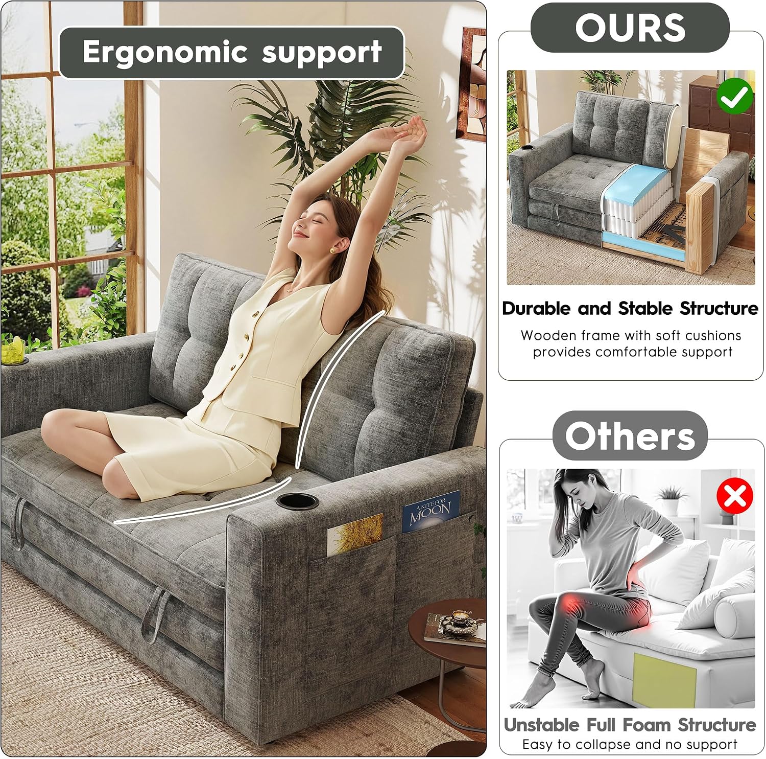55' Convertible Folding Sofa Bed, Pull Out Couch Love Seat Sleeper Bed, Small Fold Out Loveseat sleeper with Cup Holder and Pillow for Small Space, Bedroom Lounge, Dorm, Living Room(Grey Chenille)