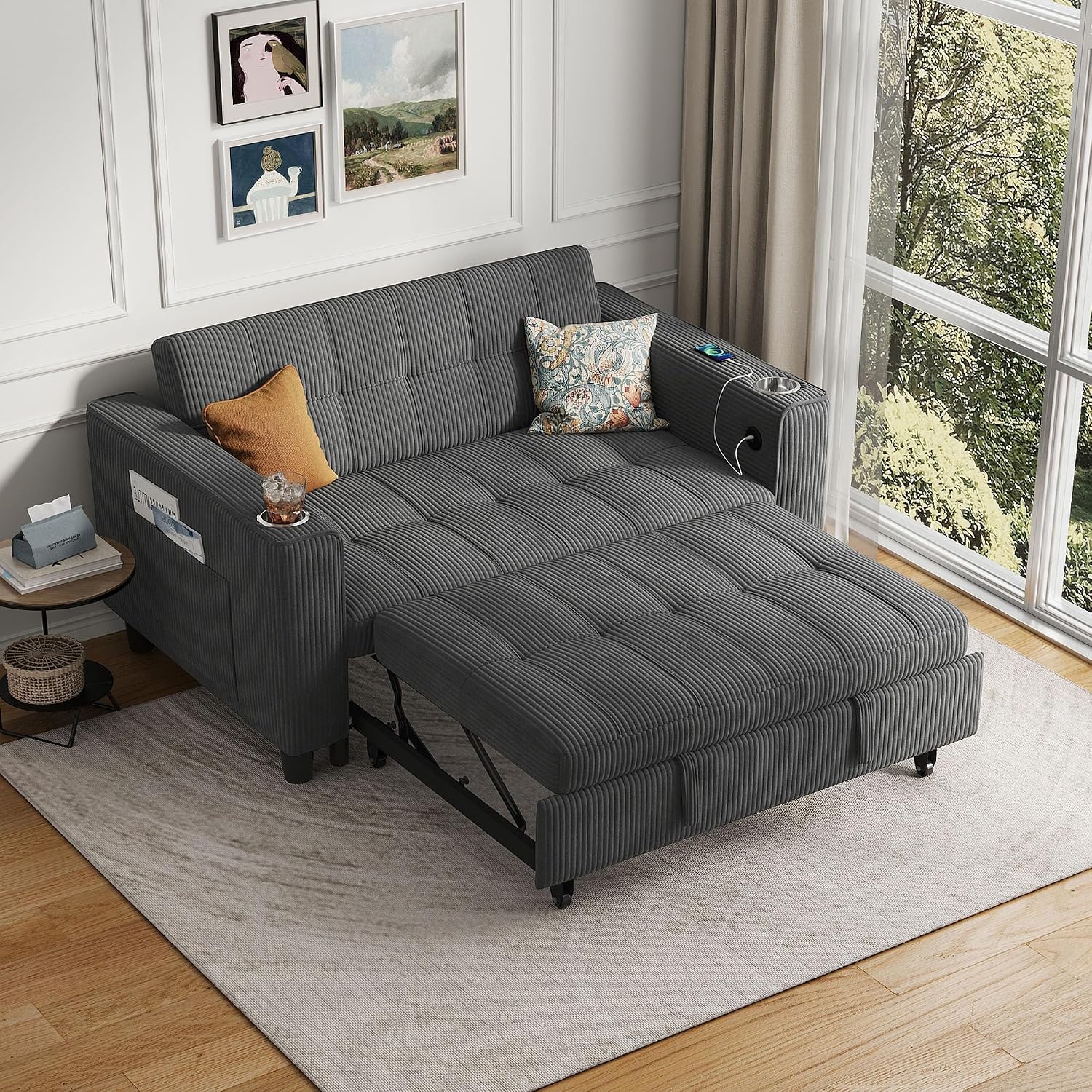 LINSY Sleeper Sofa Bed, 54' Pull Out Couch with Charging Station & Cup Holder, Small 3 in 1 Convertible Loveseat Sleeper Couch for Apartment, Dorm Room, Bedroom and Small Space, Corduroy Gray