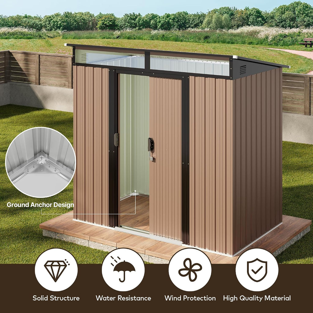 Gizoon 6'x4' Outdoor Storage Shed Metal Garden Shed with Sliding Lockable Doors, Versatile Tool Bike Shed with Transparent Panel Windows, Outdoor Storage Clearance for Backyard, Patio, Light Brown