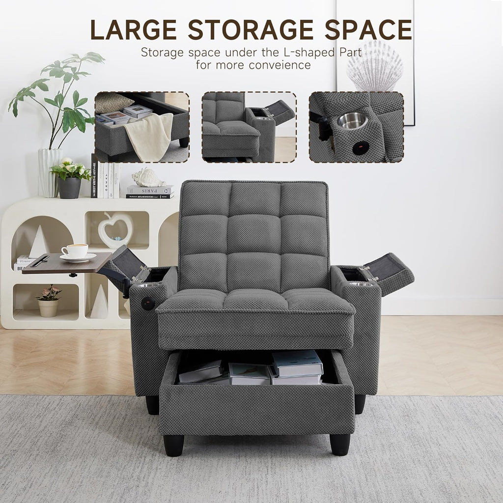 oaaktu Single Modern Comfy Upholstered Chaise Lounge Sofa Chair with Rotating Side Table,Storage,Pillow,USB Charging Ports and Adjustable Backrest Perfect for Living Room, Small Spaces (Dark Gray)