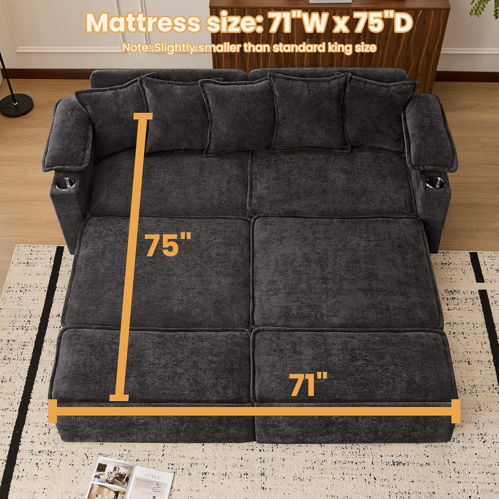 SUNWAVE 83' King Size Pull Out Sofa Bed, 4-in-1 Convertible Sleeper Sofa Bed with USB Ports, Cup Holders, Side Pockets, Corduroy Oversized Loveseat Chaise Lounge for Living Room, Small Space