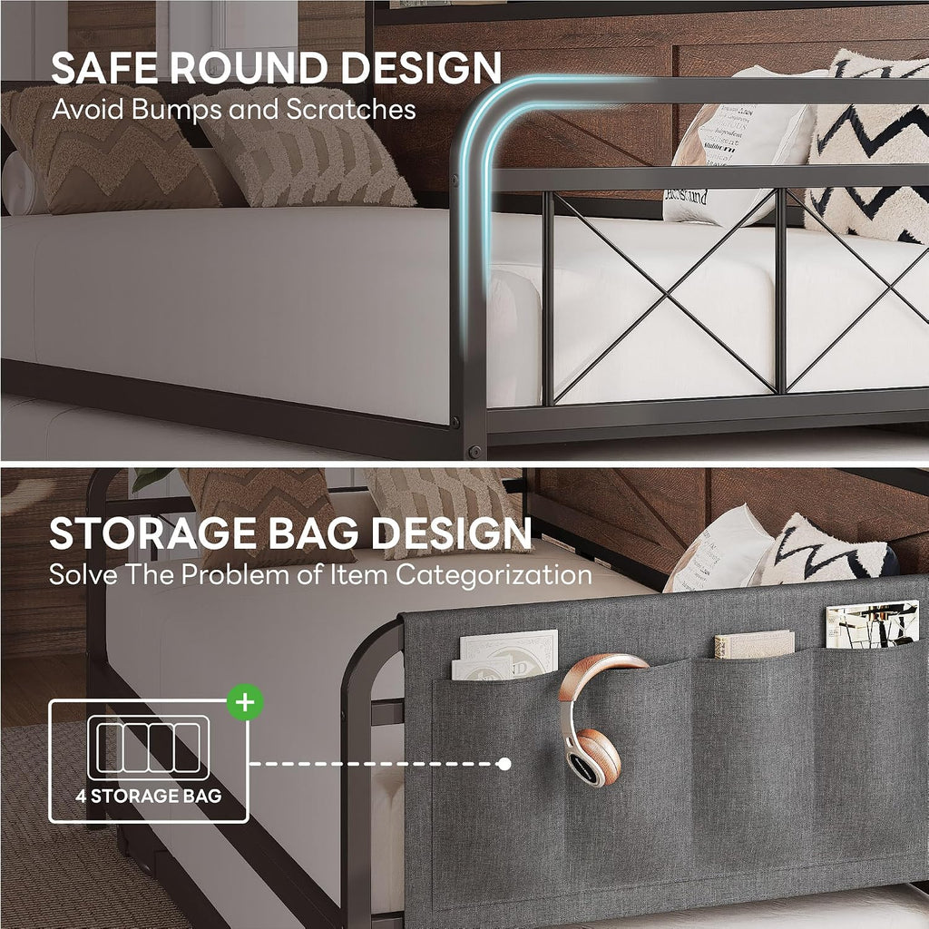 LIKIMIO Twin Daybed, Day Beds with Pop Up Trundle, Storage Headboard with Charging Station, Strong Supports for Apartment and Other Small Space, Dark Brown