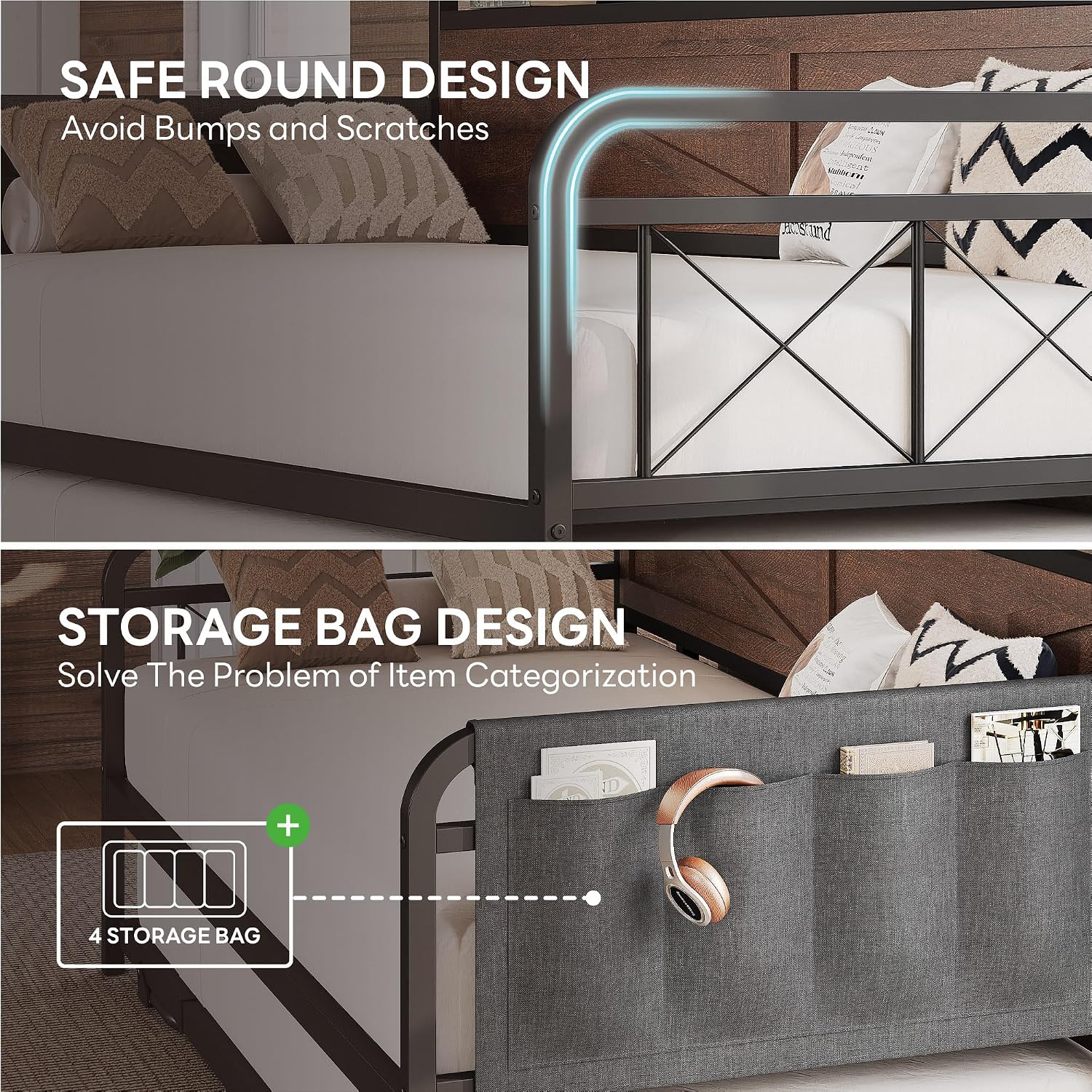 LIKIMIO Twin Daybed, Day Beds with Pop Up Trundle, Storage Headboard with Charging Station, Strong Supports for Apartment and Other Small Space, Dark Brown