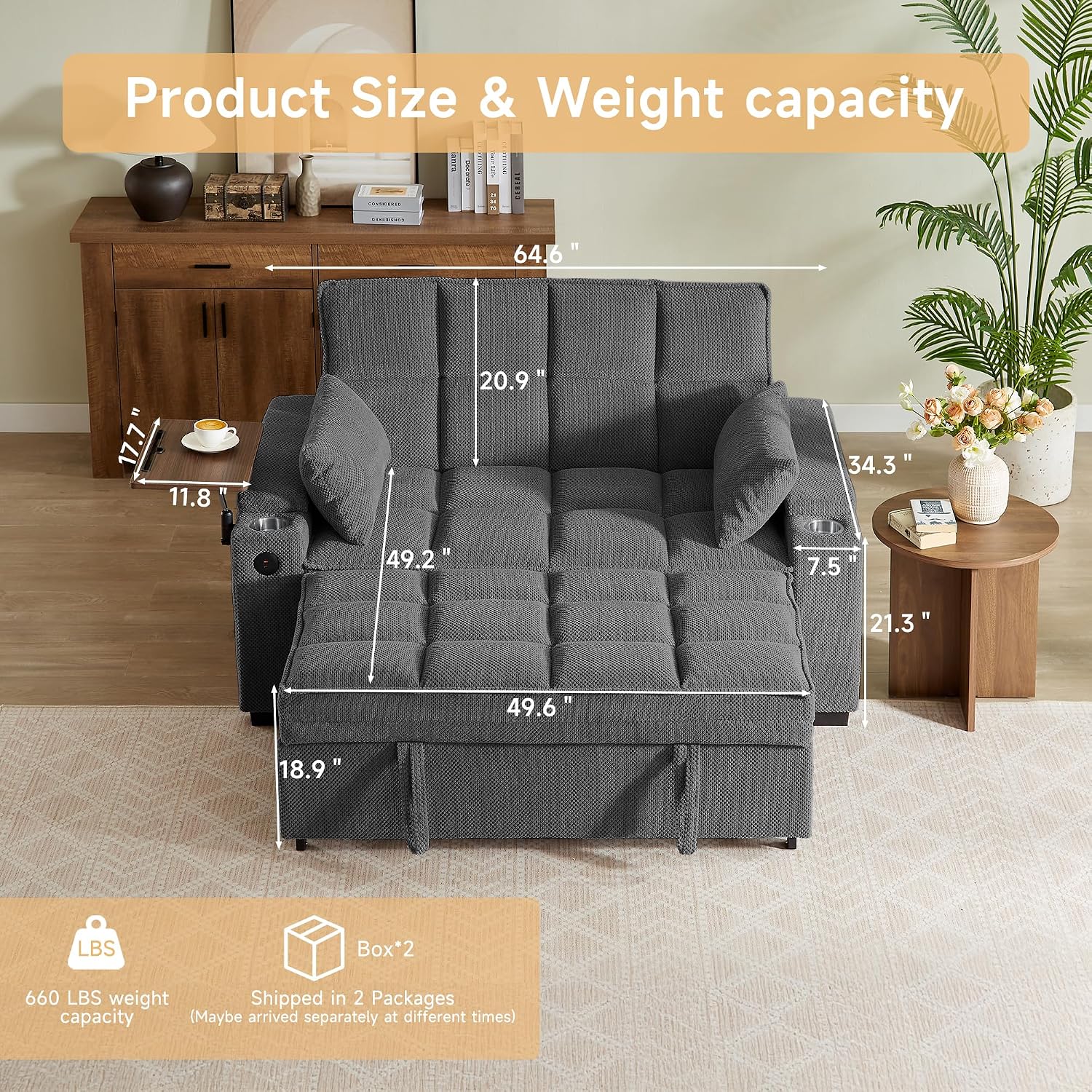 Auvsoce 65'' Chaise Lounge Chair Indoor, 3-in-1 Convertible Sofa Bed with Pull-Out Design, 360° Swivel Side Table, Modern Granular Velvet Couch Bed for Living Room, Small Space & Apartment-Friendly