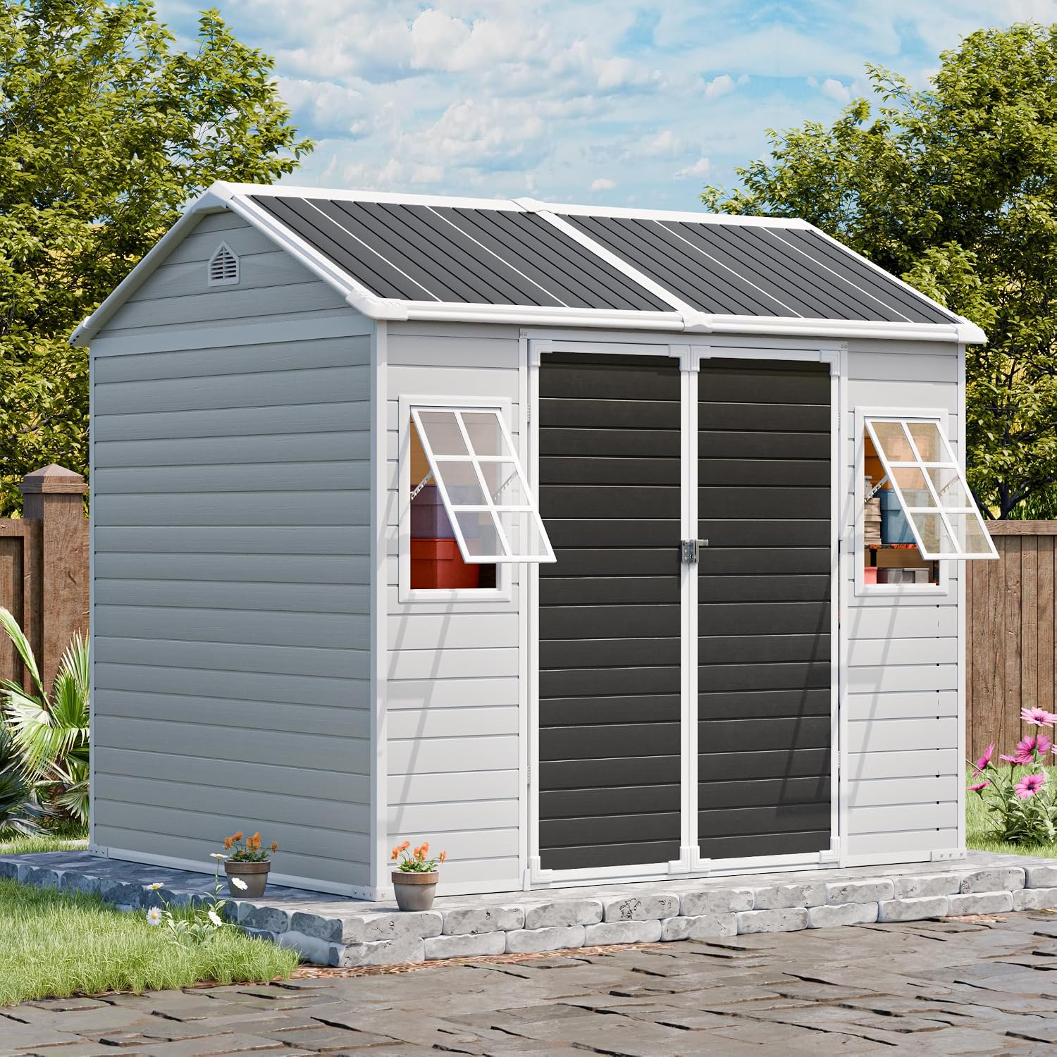 CDCASA 8x6 FT Resin Storage Shed, Large Waterproof Outside Plastic Tool Storage Sheds with Floor & Adjustable Openable Windows, Lockable Door for Backyard Patio Lawn, Dove Grey