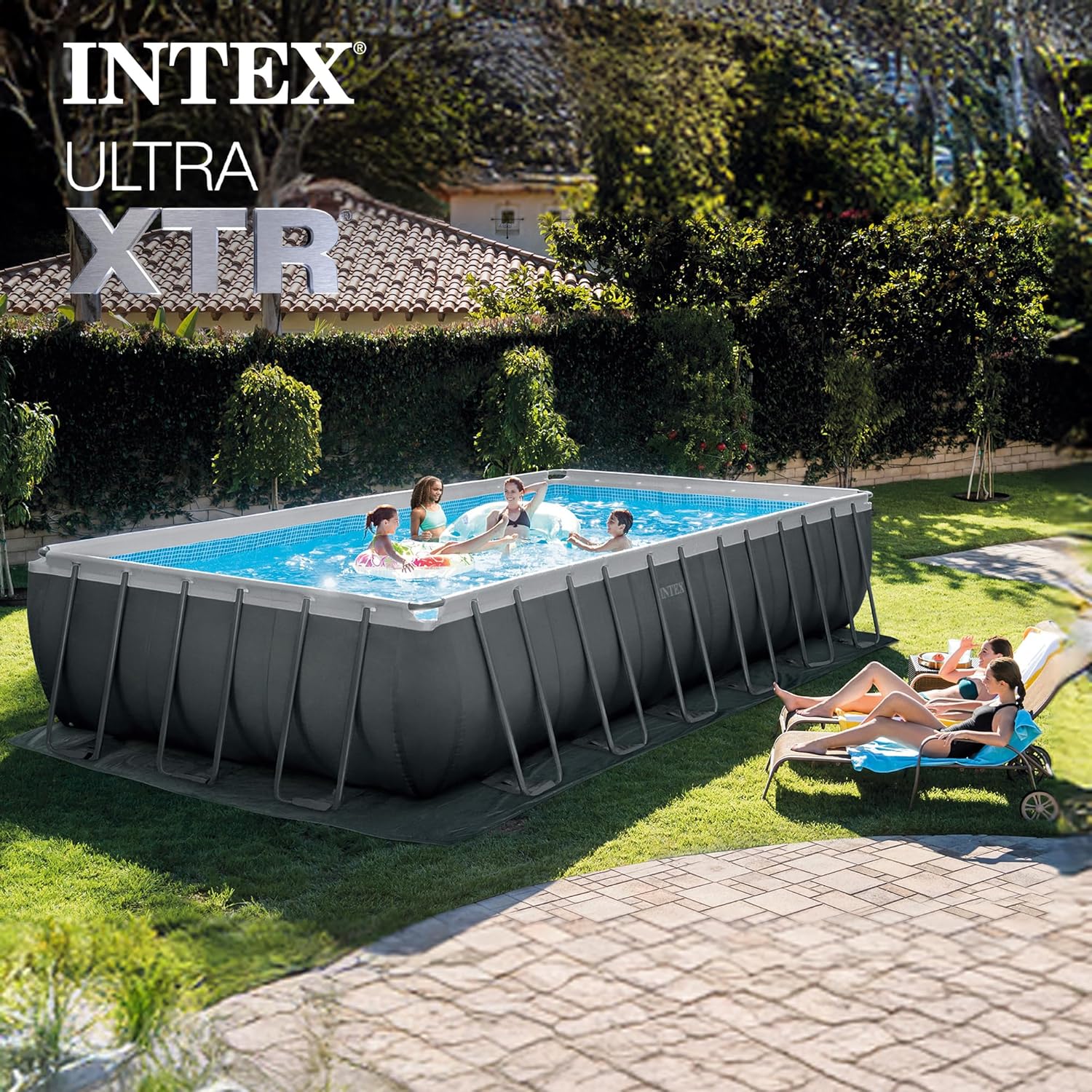 INTEX Ultra XTR 24 ft x 12 ft 52 in Above Ground Pool Set, Rectangular Swimming Pool with Steel Frame, 2100 GPH Sand Filter Pump, Ladder, Cover, & Ground Cloth