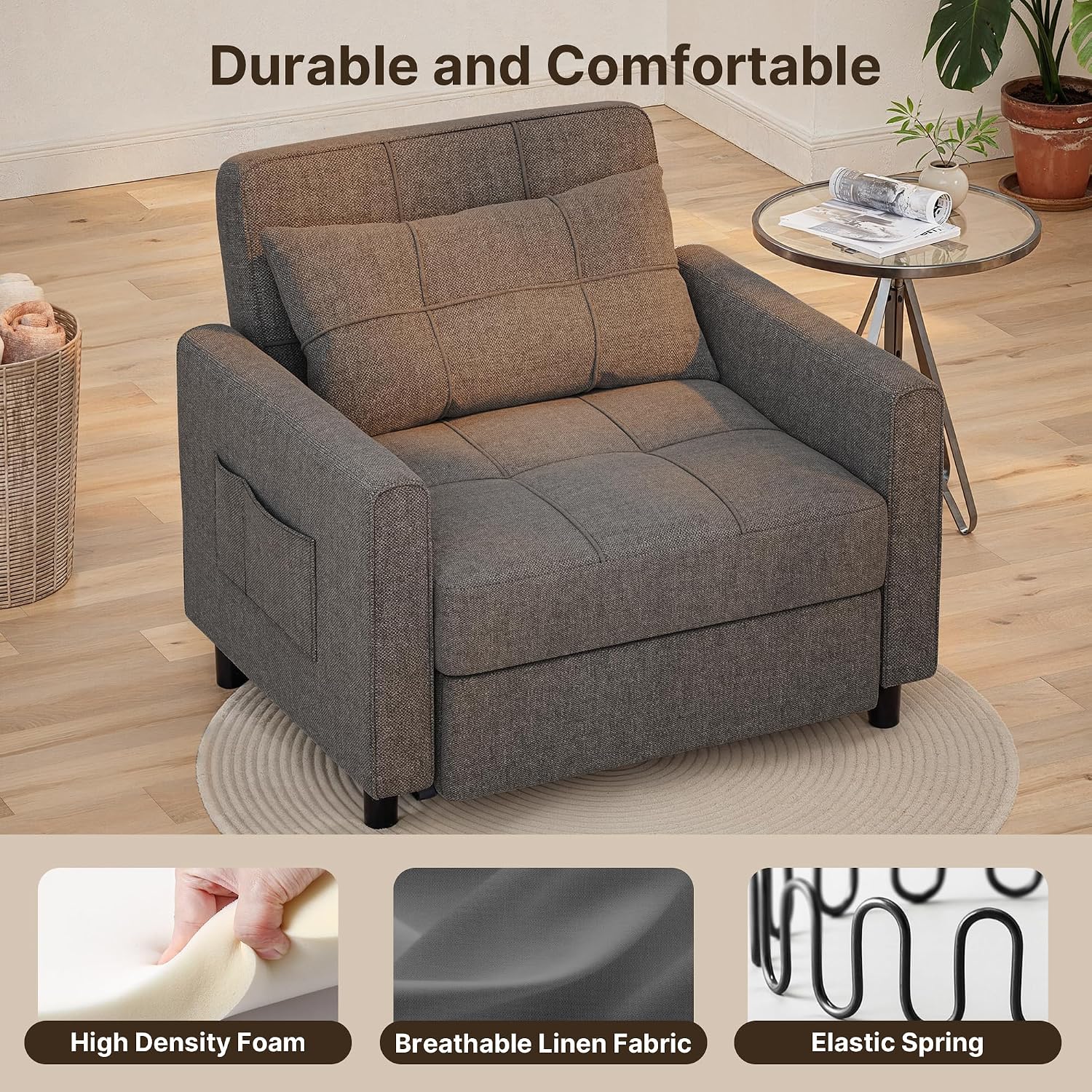 Gizoon Sofa Bed Chair 3 in 1 Convertible, Pullout Single Sleeper Chair Bed with Adjustable Backrest, Spacious Multifunctional Sofa Couches for Living Room, Bedroom, Apartment