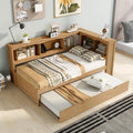 Harper & Bright Designs Twin Size Daybed with Trundle, Storage Bookcases, and USB Ports,Wood Twin Platform Bed with Headboard, Twin Size Sofa Bed Frame for Bedroom Living Room (Wood Color)