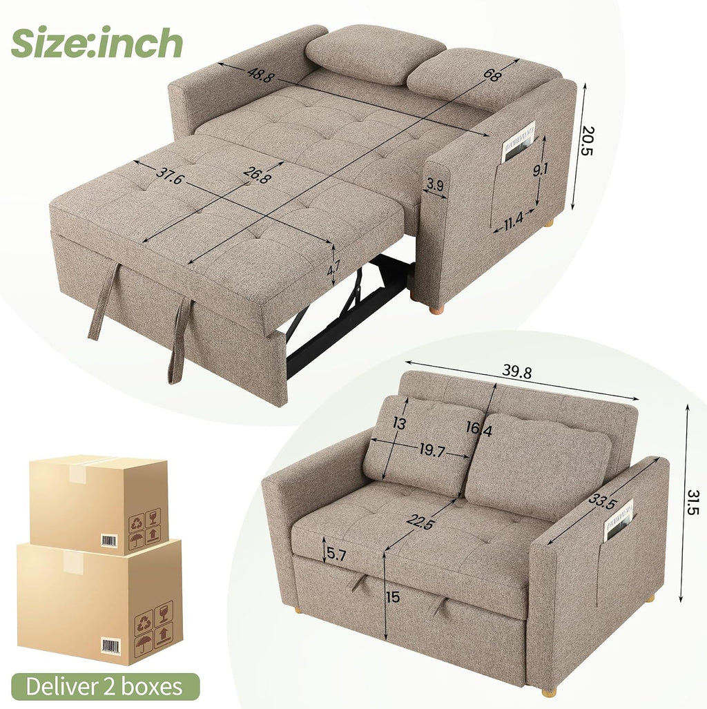 SEJOV 3-in-1 Convertible Sofa Bed, Linen Fabric Sleeper Couch Pull Out Bed, 49' 2-Seater Loveseat Futon Sofa with Spring Support, Adjustable Backrest and Pillows for Small Spaces, Living Room