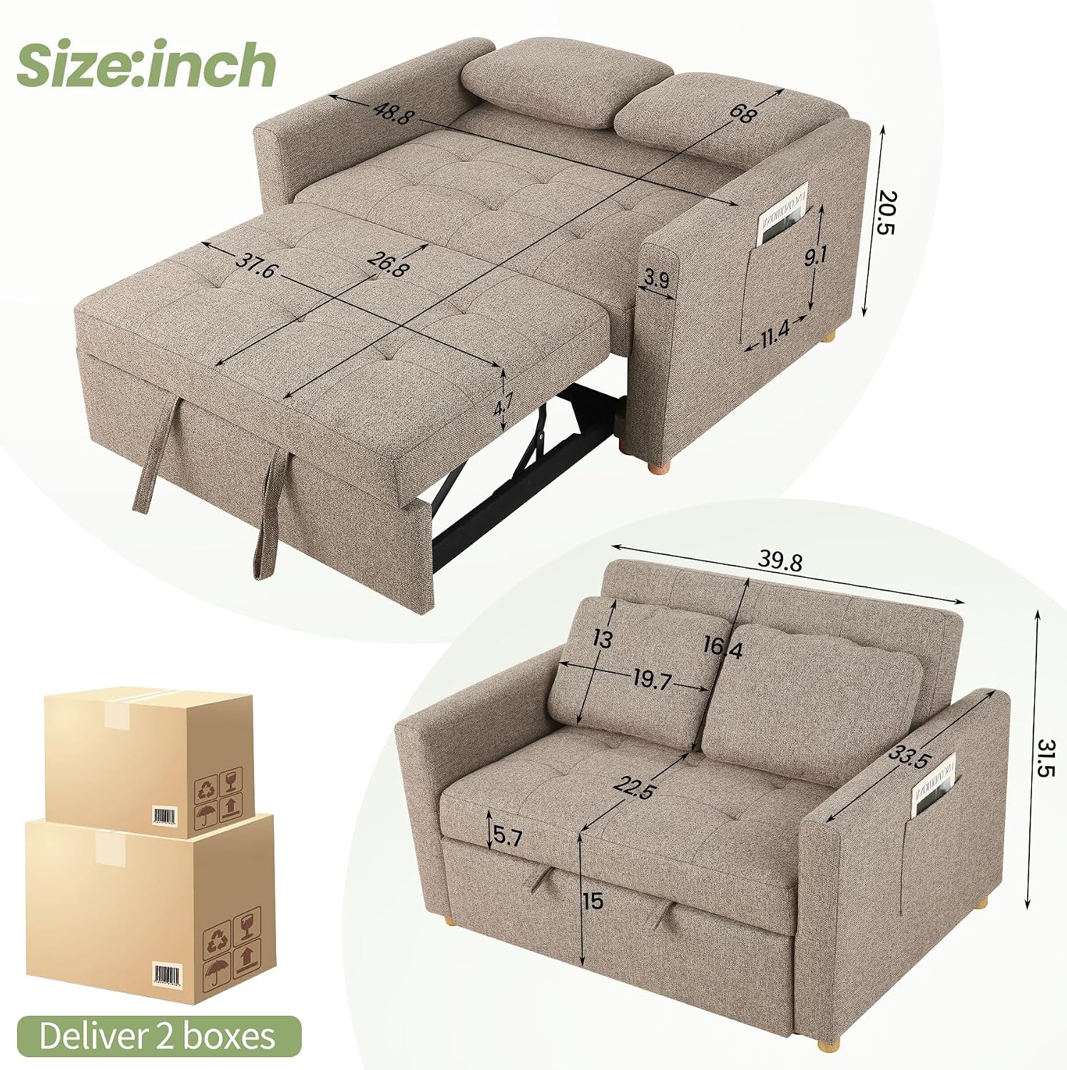SEJOV 3-in-1 Convertible Sofa Bed, Linen Fabric Sleeper Couch Pull Out Bed, 49' 2-Seater Loveseat Futon Sofa with Spring Support, Adjustable Backrest and Pillows for Small Spaces, Living Room