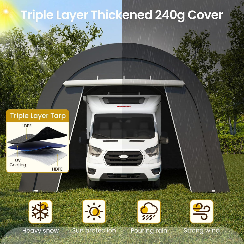 Kiss the Water Domed Carport with 4 Cloth Bags, Portable Garage with 2 Roll-up Doors, Heavy Duty Car Canopy Party Tent, All-Season Storage Shelter Shed for Boat, Truck, or Garden Tools, 12' x 25'