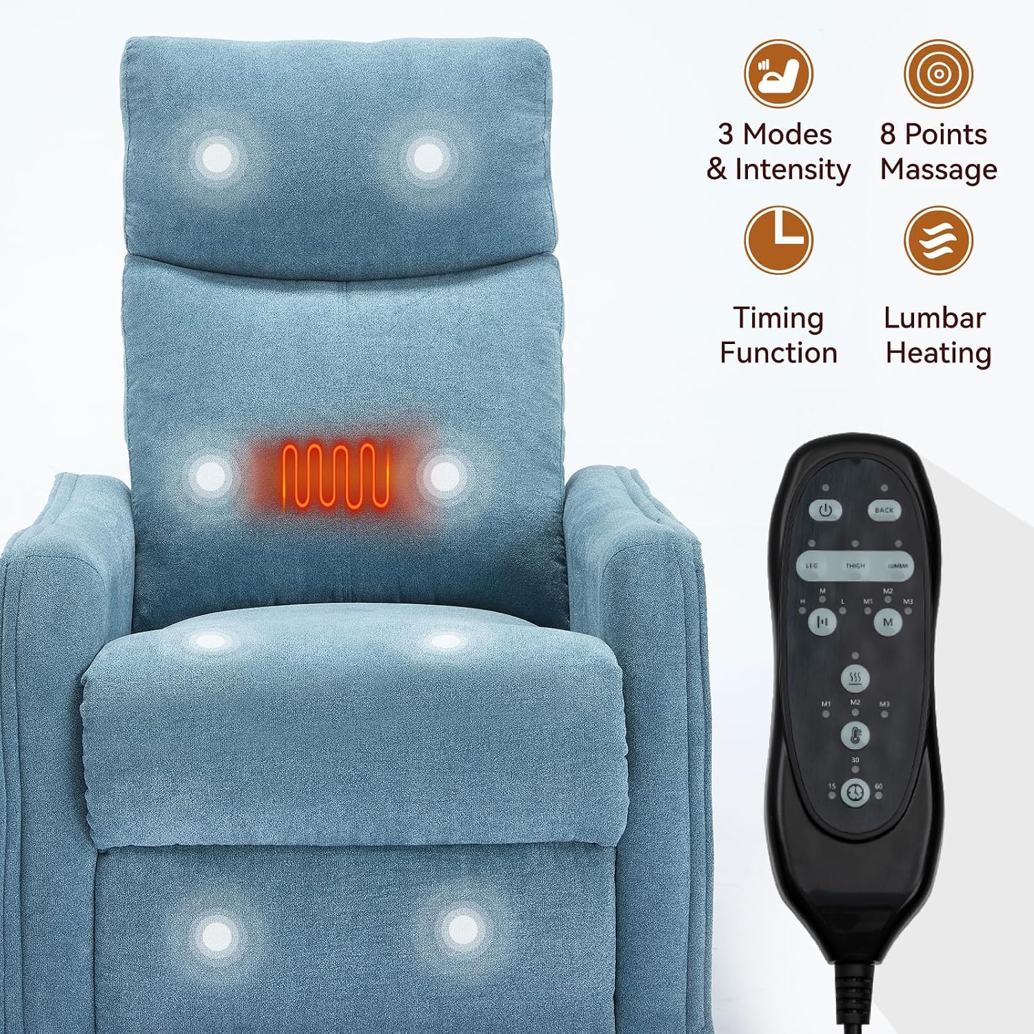 Massage Chair Recliner with Heat, 360° Swivel Glider Rocker with Reclining Backrest and Footrest, Manual Lazy Boy Recliners for Adults, Modern Nursery Rocking Chairs (Blue)