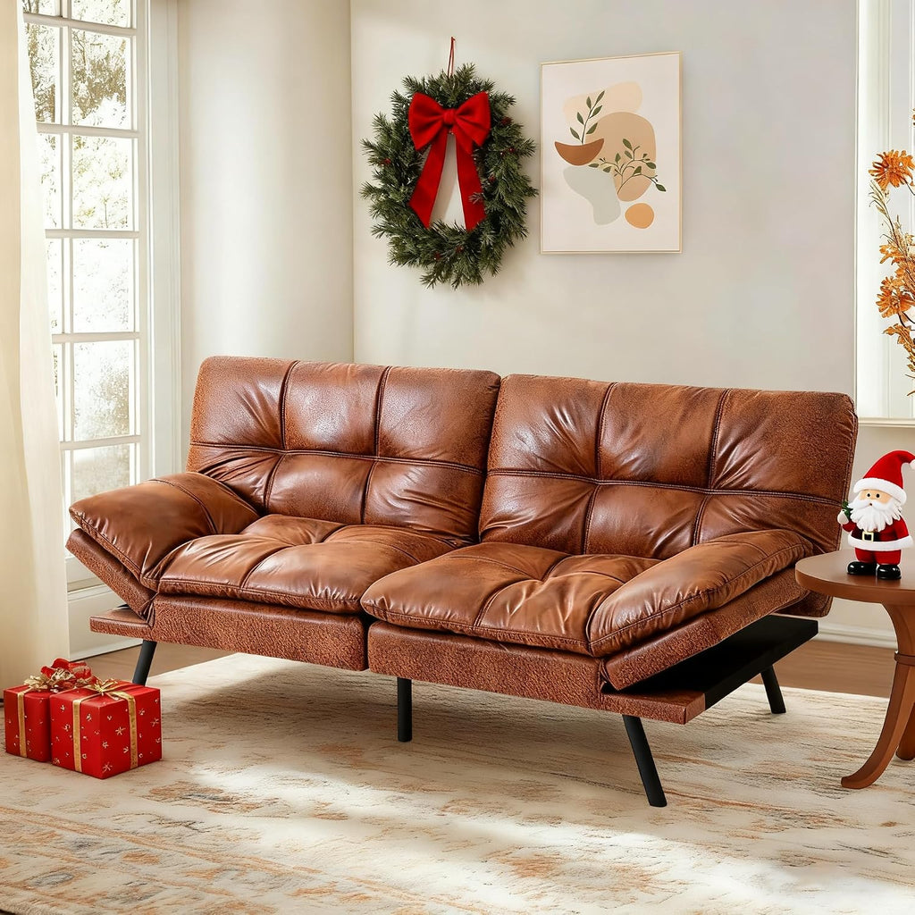 MUUEGM Convertible Memory Foam Sofa Bed with Adjustable Backrest & Armrest, Modern Futon Couch for Living Room, Office, Apartment, Space-Saving Design, Easy Assembly,Brown Leather