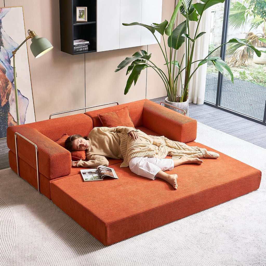 Compression Sofa - 78''Convertible Floor Sofa Bed - with Pillow Back Support Armrest - Comfy Foldable Sofa Bed Compressed Sofa in Box - Corduroy Fabric - for Living Room Bedroom(Orange)