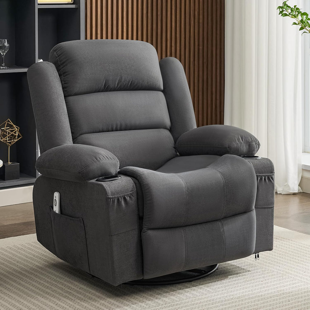 Rocker Recliner Chair with Heat and Massage, 360° Swivel Nursery Rocking Chairs for Adults, Oversized Recliner Single Sofa Seat with Cup Holders, Lazy Boy Recliner Single Sofa (Manual, Darkgrey)