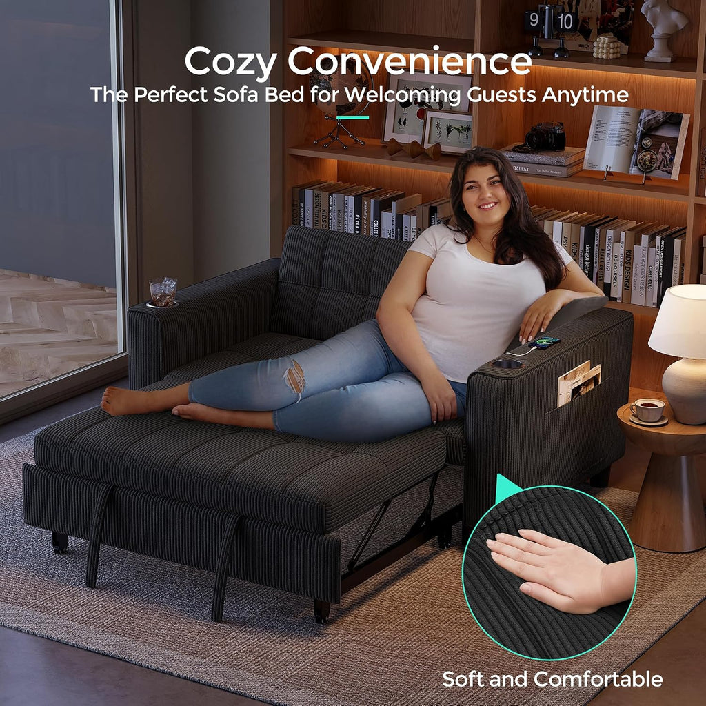 LINSY Sleeper Sofa Bed, 54' Pull Out Couch with Charging Station & Cup Holder, Small 3 in 1 Convertible Loveseat Sleeper Couch for Apartment, Dorm Room, Bedroom and Small Space, Corduroy Black