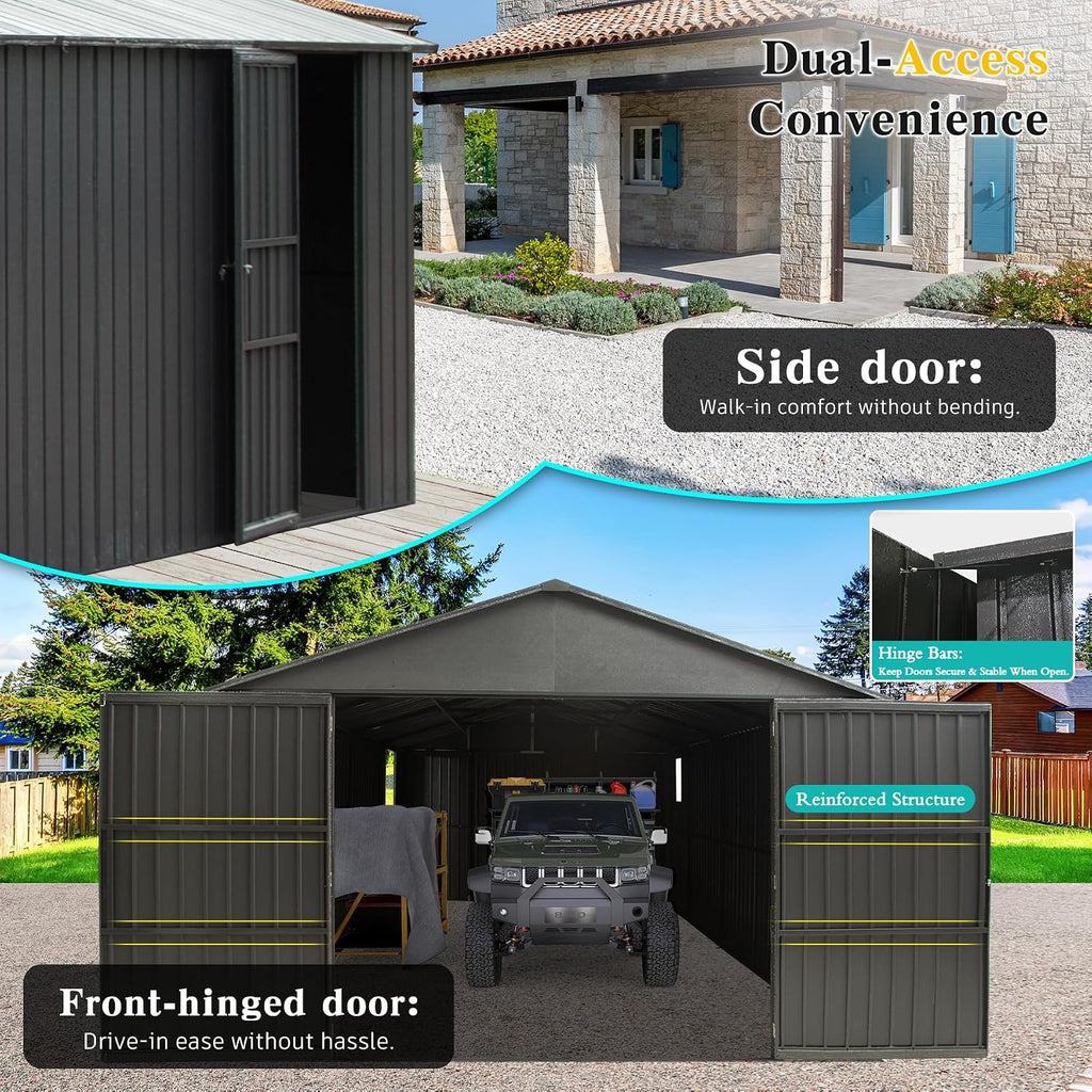 Domi 12x25FT Outdoor Metal Garage Shed, Extra Large Carport with Skylights & Dual-Entry, Backyard Storage Shed for Car, Truck, Lawn Mower and Tool, Dark Grey