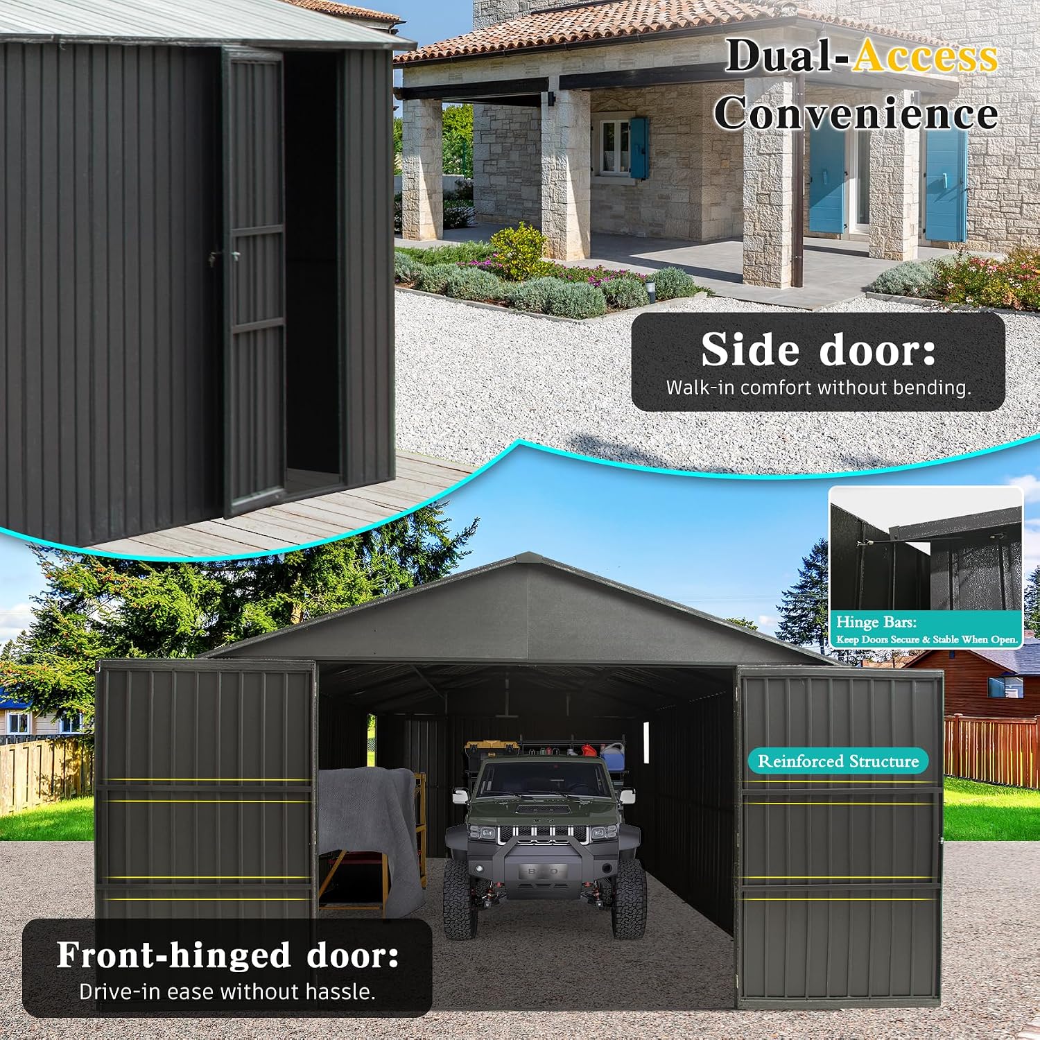 Domi 12x25FT Outdoor Metal Garage Shed, Extra Large Carport with Skylights & Dual-Entry, Backyard Storage Shed for Car, Truck, Lawn Mower and Tool, Dark Grey