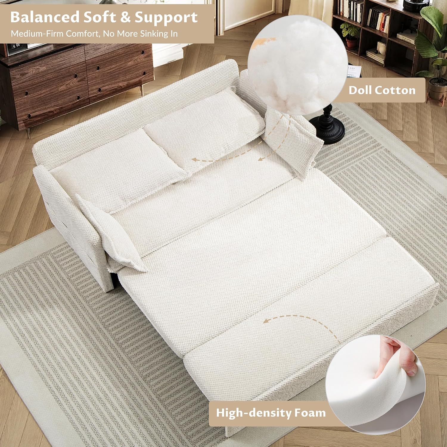 SUNWAVE 60' Pull Out Sofa Bed - Convertible Sleeper Sofa Bed, Corduroy Pull Out Couch Bed with USB Charging, Side Pockets for Living Room, Bedroom, Small Spaces (Cream, 60')