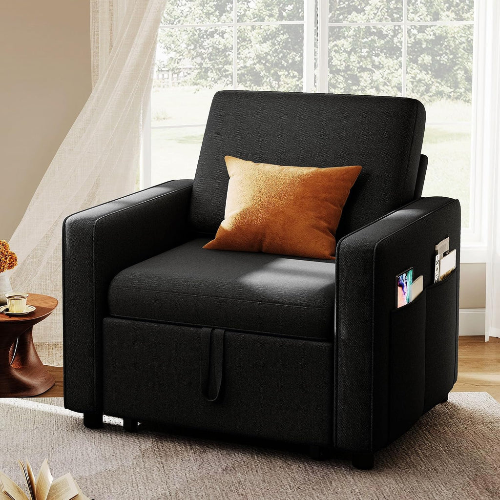 YITAHOME Convertible Sofa Chair Bed, 3-in-1 Sleeper Sofa with Pull-Out Bed, Linen Fabric Single Sleeper Chair with Reclining Backrest and Wide Armrest, Modern Lounge Sofa for Small Space, Black