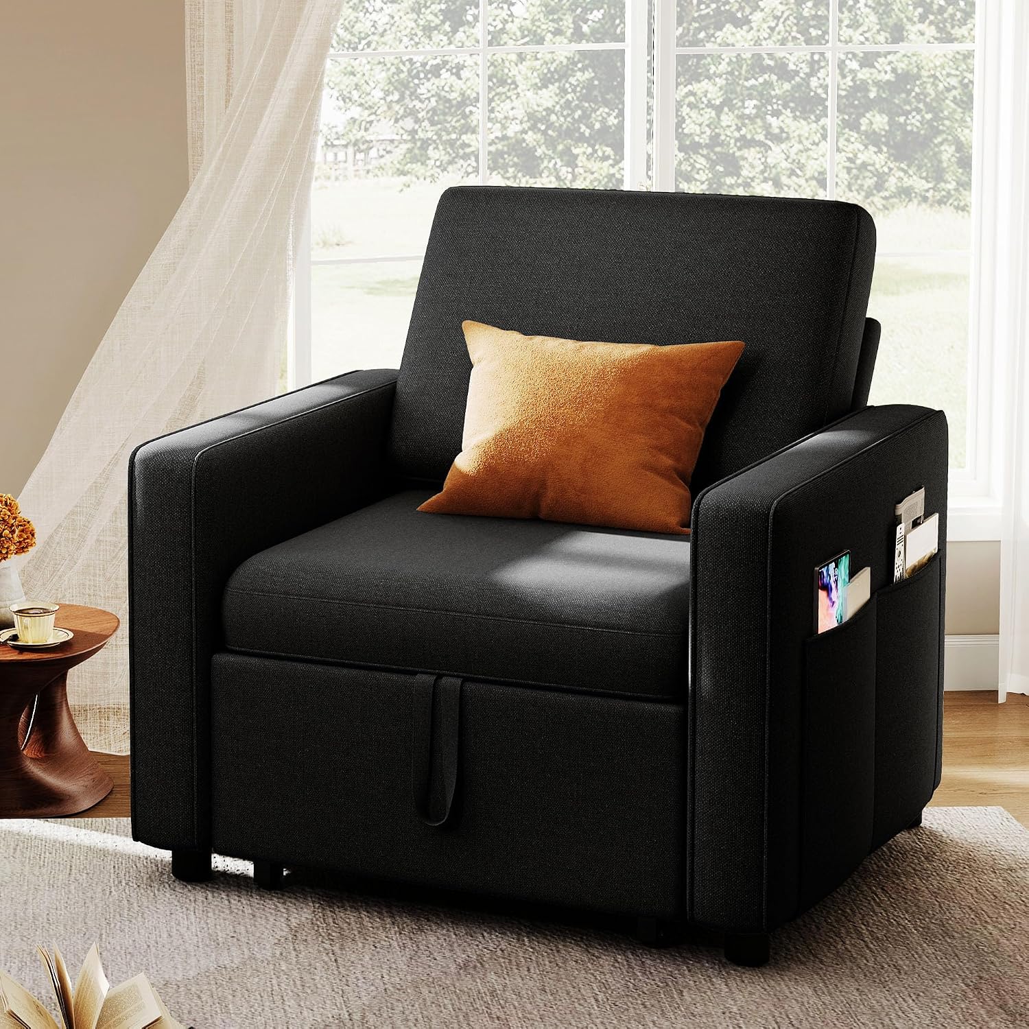 YITAHOME Convertible Sofa Chair Bed, 3-in-1 Sleeper Sofa with Pull-Out Bed, Linen Fabric Single Sleeper Chair with Reclining Backrest and Wide Armrest, Modern Lounge Sofa for Small Space, Black