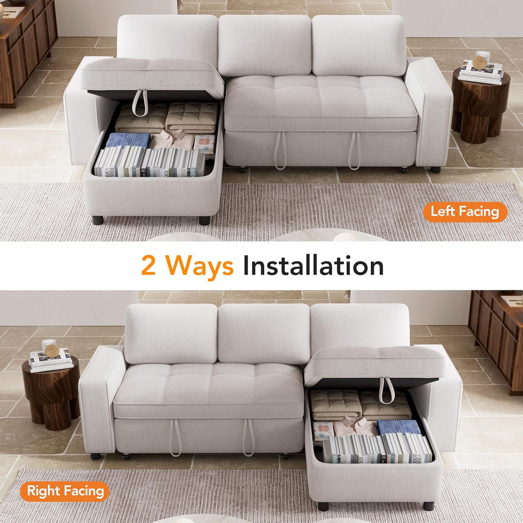 Vipbear 81' Sectional Sleeper Sofa with Pull Out Bed, L Shaped Sleeper Sofa, Pull Out Couch with Reclining Backrest, Reversible Storage Chaise, USB Ports, Tool-Free Assembly, Chenille Beige