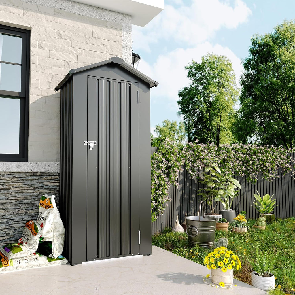 2.5x1.4 FT Outdoor Storage Shed, Small Metal Tool Shed with Waterproof Roof and Lockable Door, Garden Tool Sheds Storage Cabinet for Backyard Patio Lawn, Black