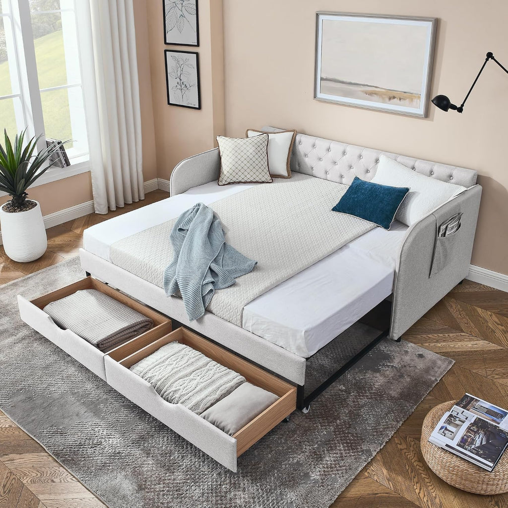 KEIKI Twin Size Upholstery Daybed with Trundle and 2 Drawers, Twin to King Design Mid-Century Style Extendable Sofa Bed, Easy Assembly, No Box Spring Required, for Living Room, Beige