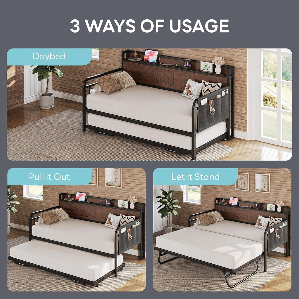 LIKIMIO Twin Daybed, Day Beds with Pop Up Trundle, Storage Headboard with Charging Station, Strong Supports for Apartment and Other Small Space, Dark Brown