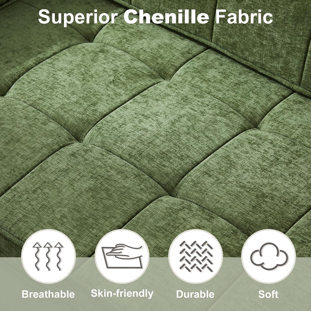 Tbfit 57' Loveseat Sleeper Convertible Sofa Bed, Futon Couch with Pullout Bed, USB & Adjustable Backrest, Chenille Queen Size Pull Out Couches for Living Room, Apartment, Office, Dorm, RV, Green