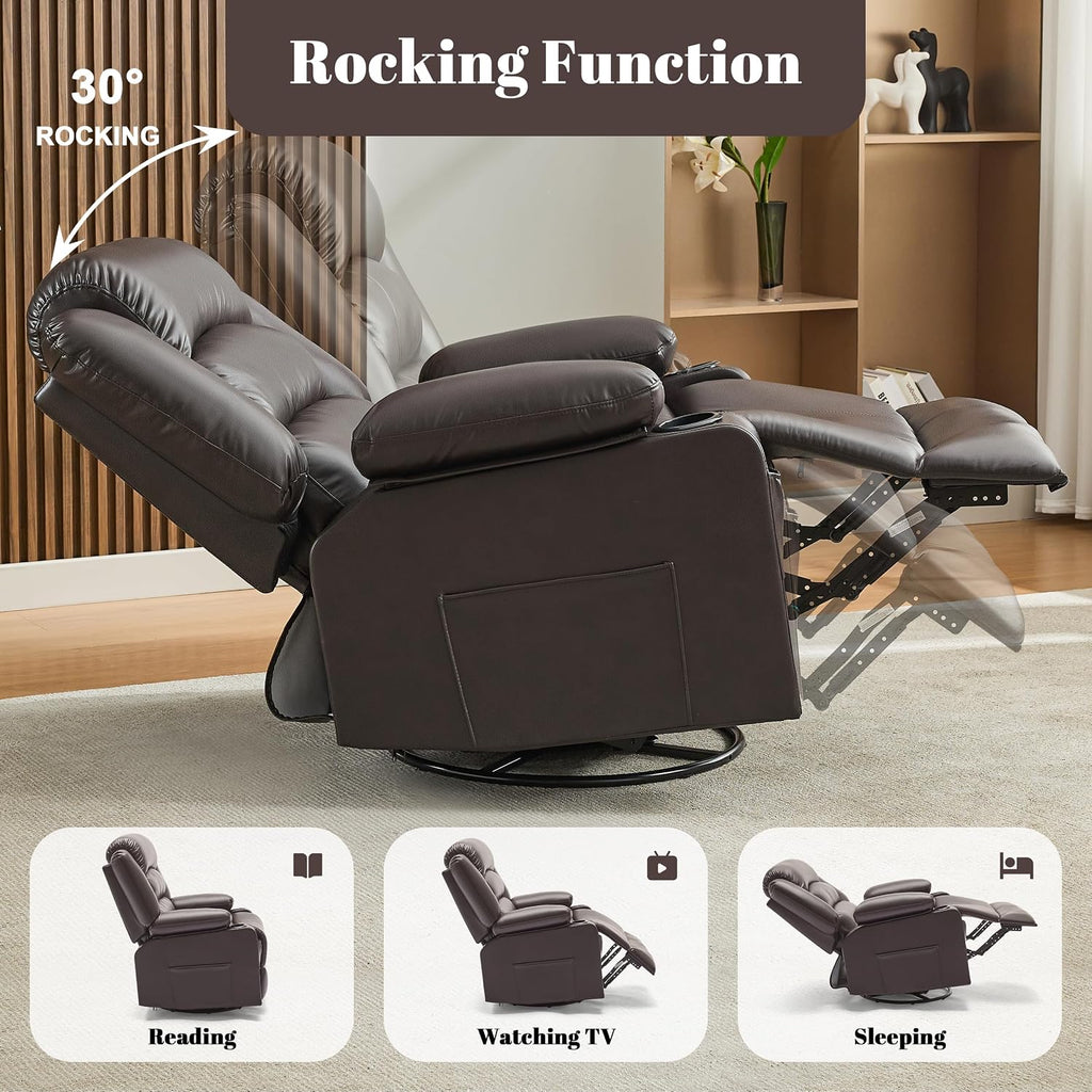 Oversized Nursery Rocking Chairs with Heat and Massage, 360° Swivel Recliner Chair for Adults, Recliner Single Sofa Seat with Cup Holders, Lazy Boy Recliner Single Sofa (Oversized Manual, Darkbrown)