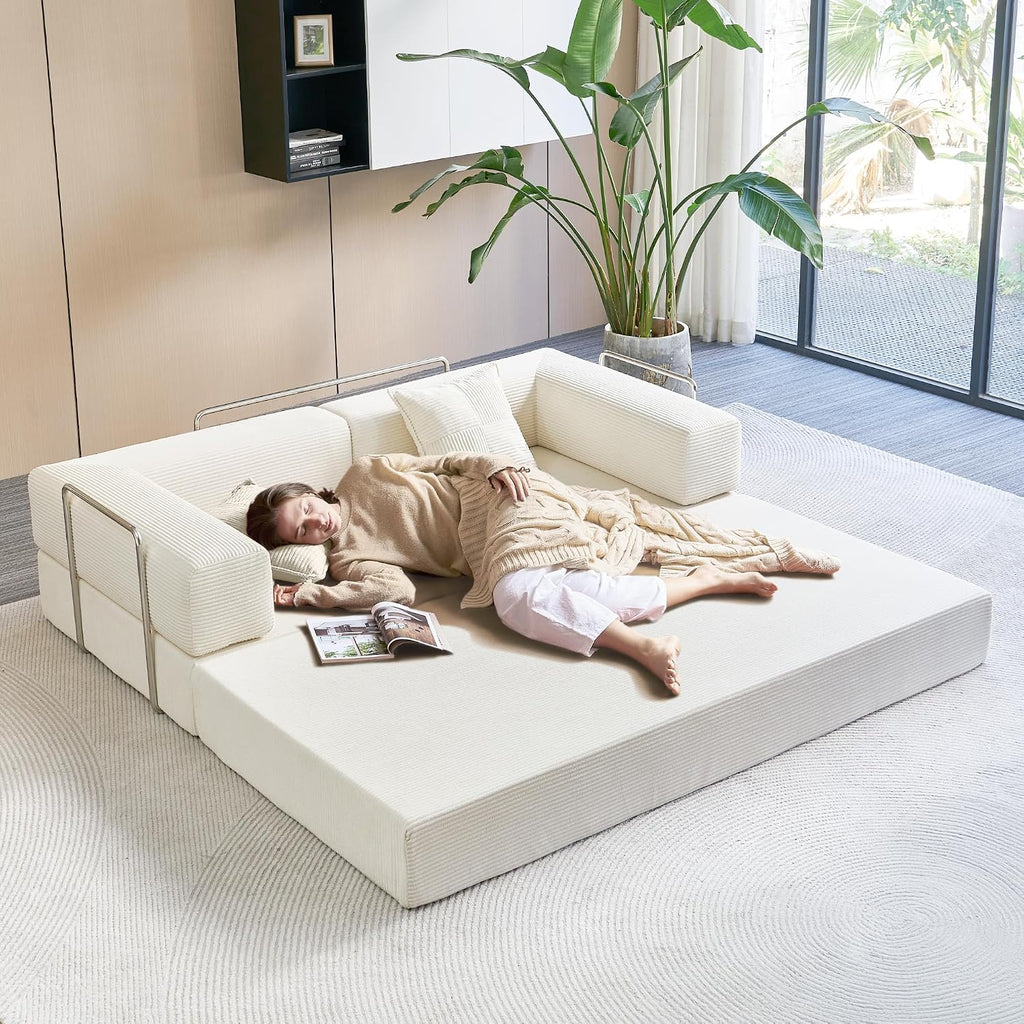 YINIX Foldable Sofa Bed, 78'' Folding Floor Couch, Compressed Convertable Sleeper Sofa, Memory Foam Couch with Pillow Back Support Armrest, 4-in-1 Futon Sofa Bed for Living Room, White